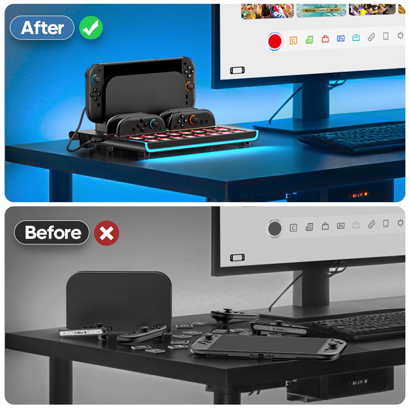 Base di Organizzazione per Switch 2 Controller e Console, Dock di Ricarica Magnetica Joy-con 2 con 9 Modalità RGB, Dock di Archiviazione Nintendo Switch 2 con 16 Slot per Schede di Gioco