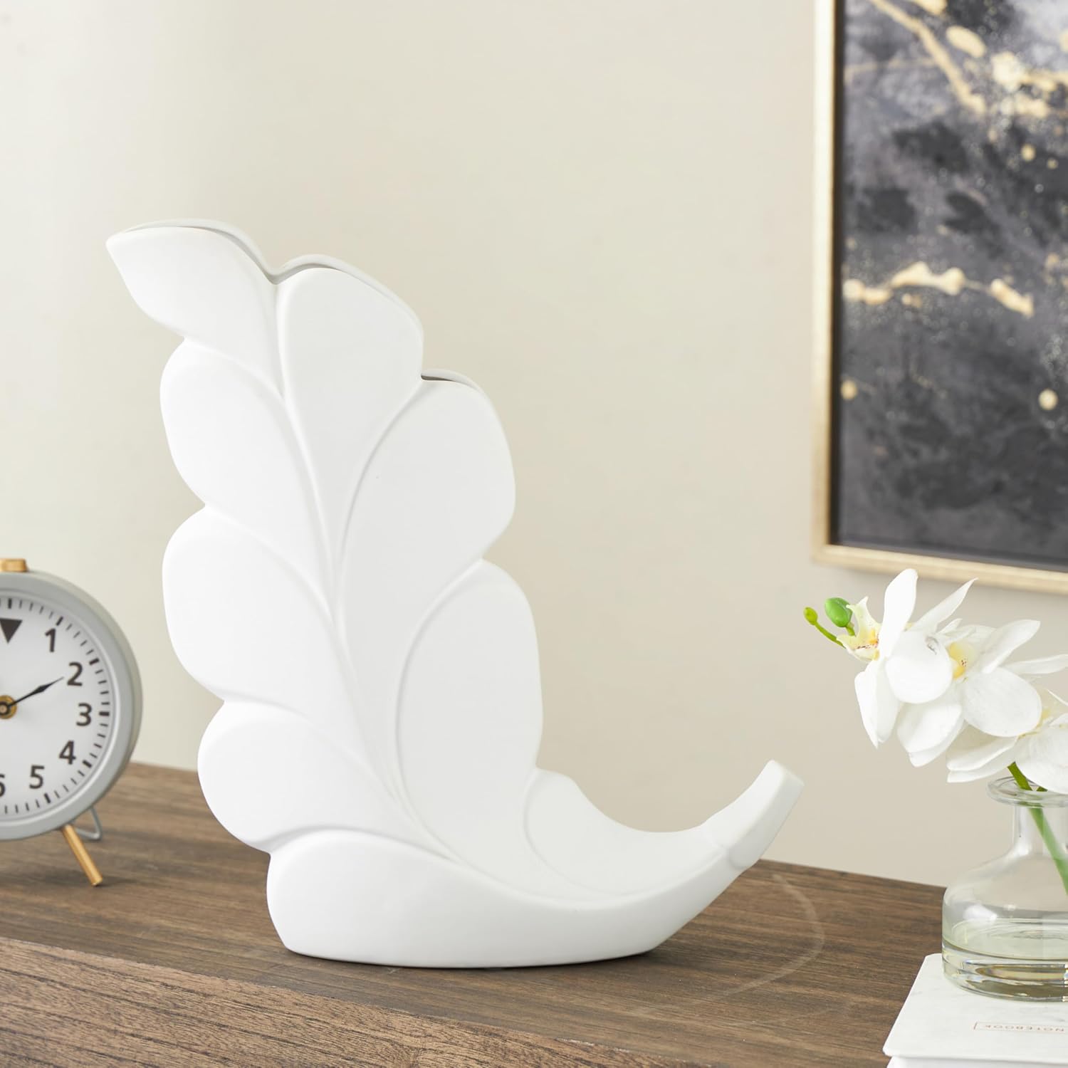 Deco 79 Ceramic Leaf Slanted Vase, 14" x 4" x 15", White