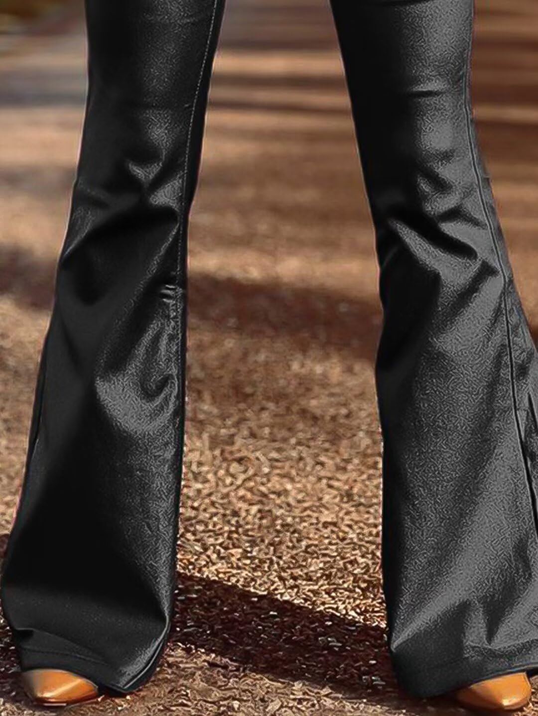 Flamingals Bootcut PU Leather High Waist Flare Legs Vintage Pocket Pants Winter Trendy Black L - Image 5