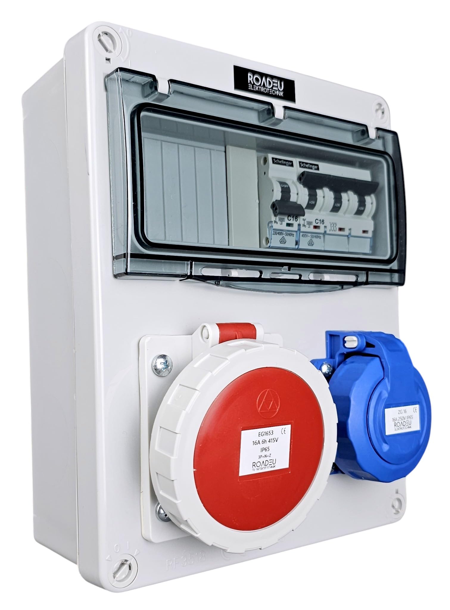 RoadEu Quadro elettrico IP65 CEE 16A 5P 400V e presa Schuko 230V | Interruttori magnetotermici VDE | C16A 3P + C16A 1P | coperchi avvitabili | montaggio a parete