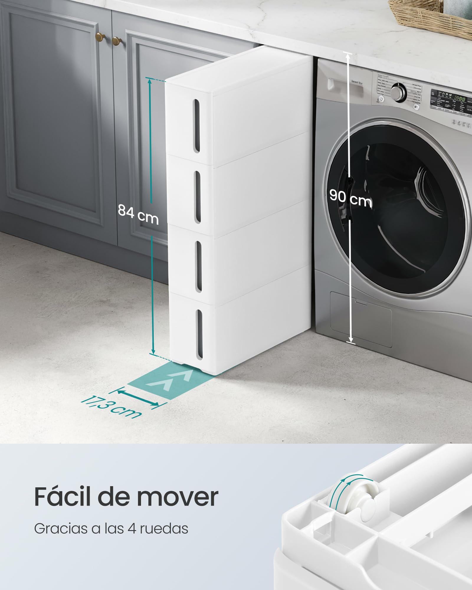 SONGMICS Carrito Estrecho con Ruedas, Estantería con 4 Cajones, 17,3 cm, Plástico PP, Blanco y Gris