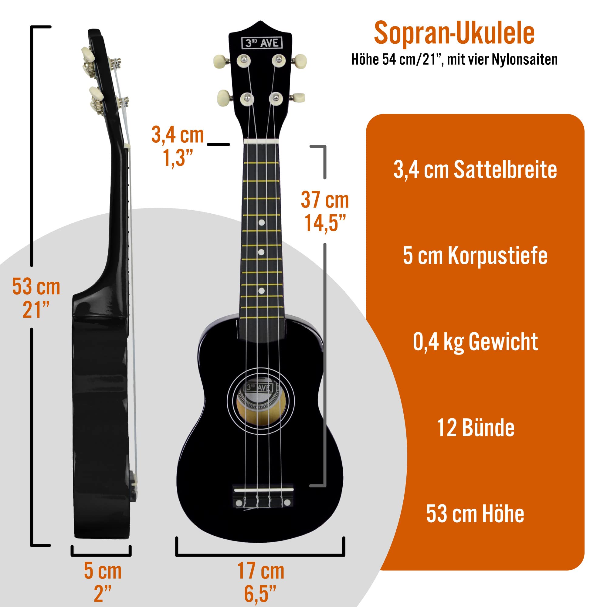 3rd Avenue Sopran-Ukulele mit 54 cm/21“, Anfängerset – Tasche, Ständer, Gurt, Saiten, Plektren und Griffbrett-Aufkleber – in Schwarz – KOSTENLOSE 1-monatige Online-Lektionen