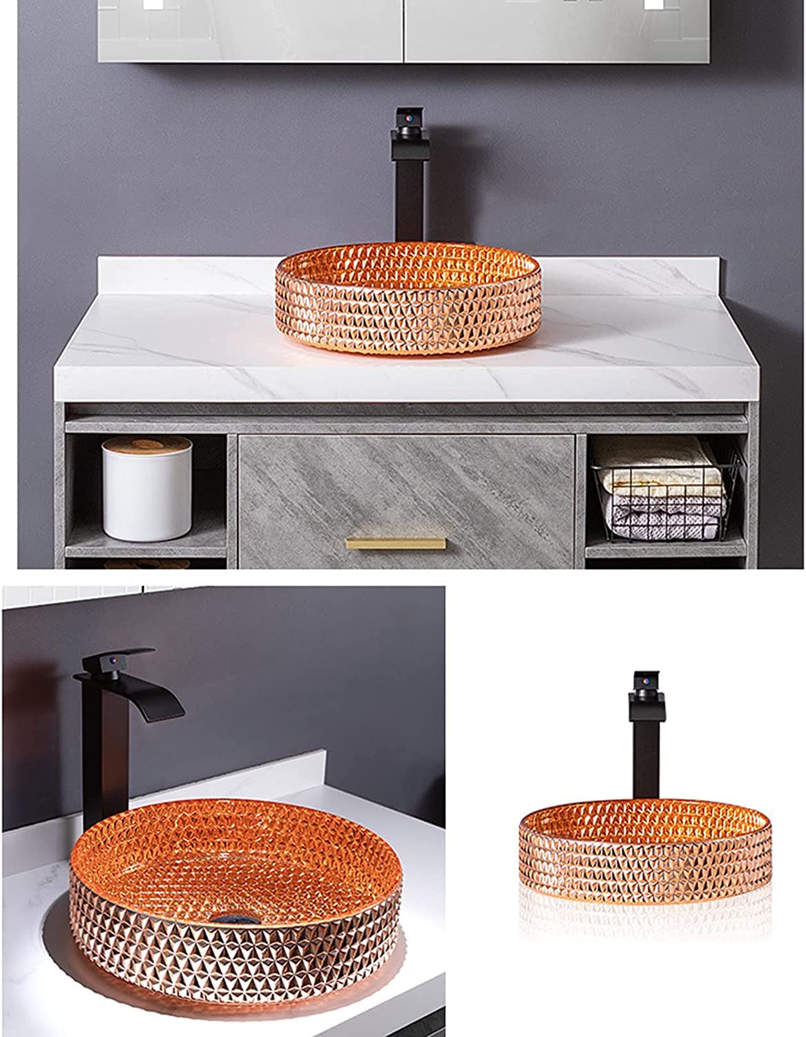 Ceramiczna umywalka łazienkowa umywalka łazienkowa 400 mm okrągły zlew ze szkła kryształowego, artystyczna umywalka łazienkowa umywalka, kreatywna umywalka nablatowa z fauce, srebrna
