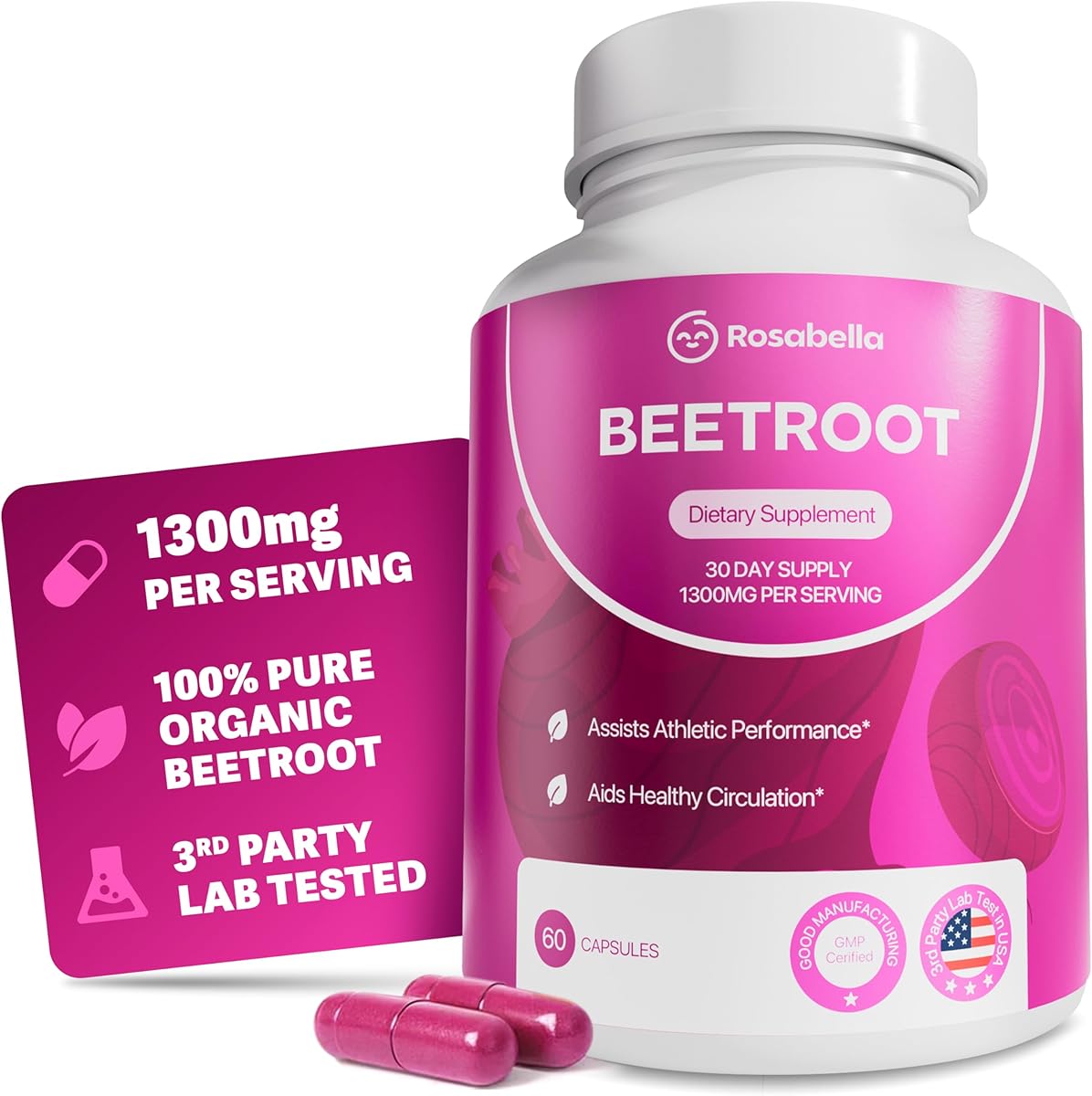 Rosabella Rosabella Organic Beet Root Capsules - 1300mg Beet Root Powder Aids Healthy Circulation & Vitality, Non-GMO, Beet Root Supplement - 60 Capsules, 30-Day Supply