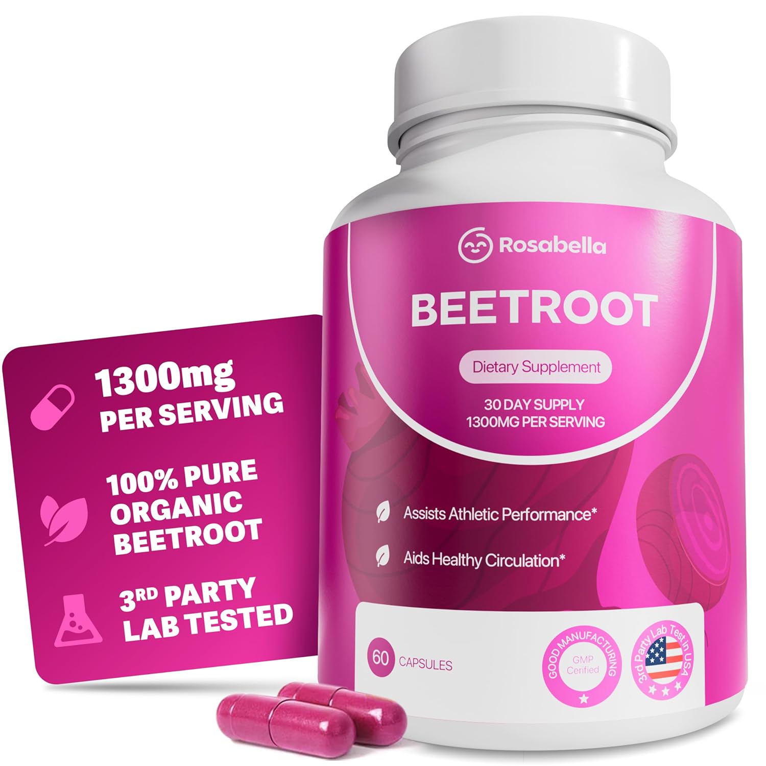 Rosabella Organic Beet Root Capsules - 1300mg Beet Root Powder Aids Healthy Circulation Vitality Non-GMO Beet Root Supplement
