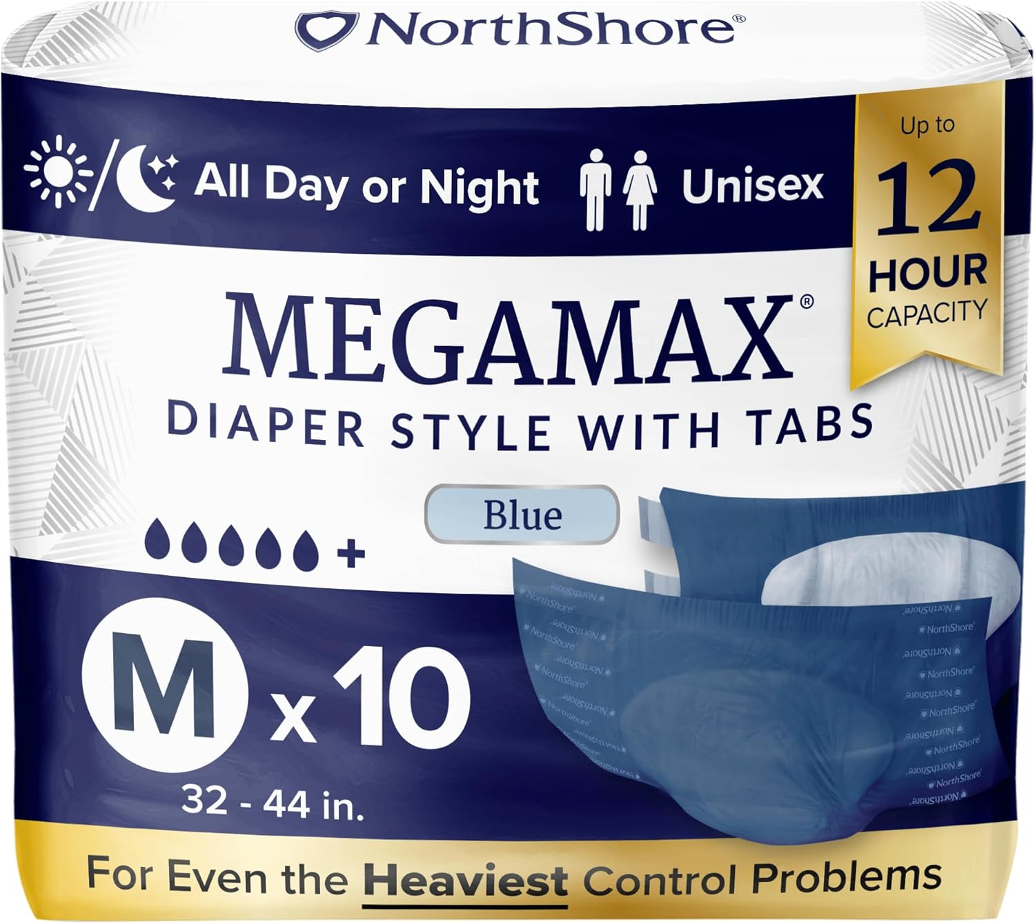 NorthShore MegaMax Adult Overnight Diapers, 12-Hour Tab-Style, Medium, 10 Count Bag, Blue, 32-44 inches, Unisex Incontinence Underwear