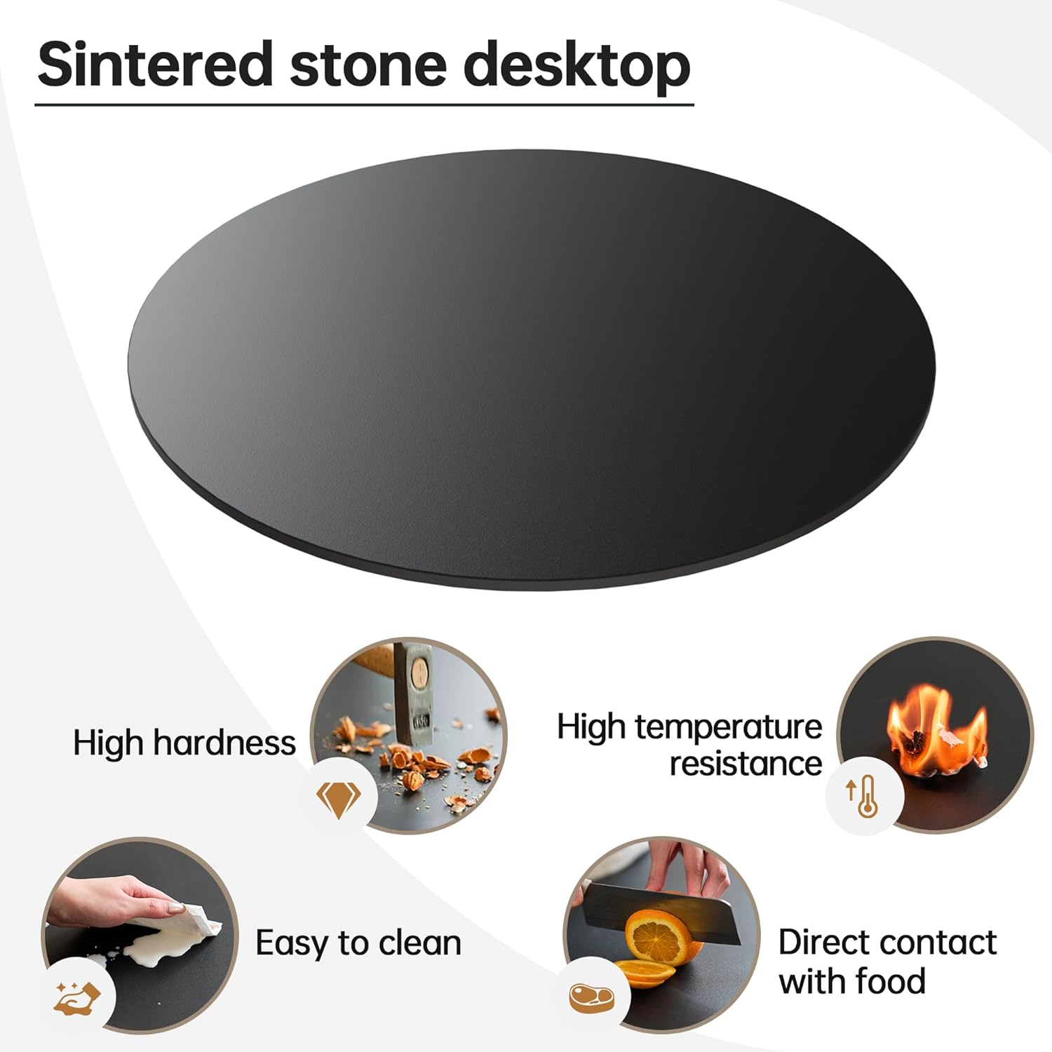 15.7" Black Round Sintered Stone Table Top - DIY Table Replacement Cover, Marble Texture, Heat & Scratch Resistant for Indoor/Outdoor Restaurant Tables, Desks
