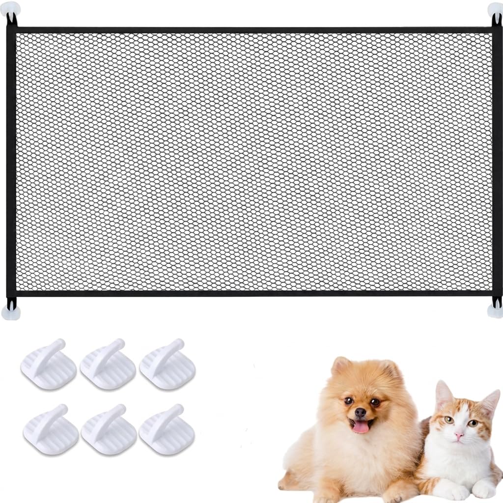 110x72cm Stair Gate, No Drill Dog Gate with Six Damage-Free Hooks, Portable Pet Barrier for Stairways and Doorways, Retractable Mesh Design for Home Safety