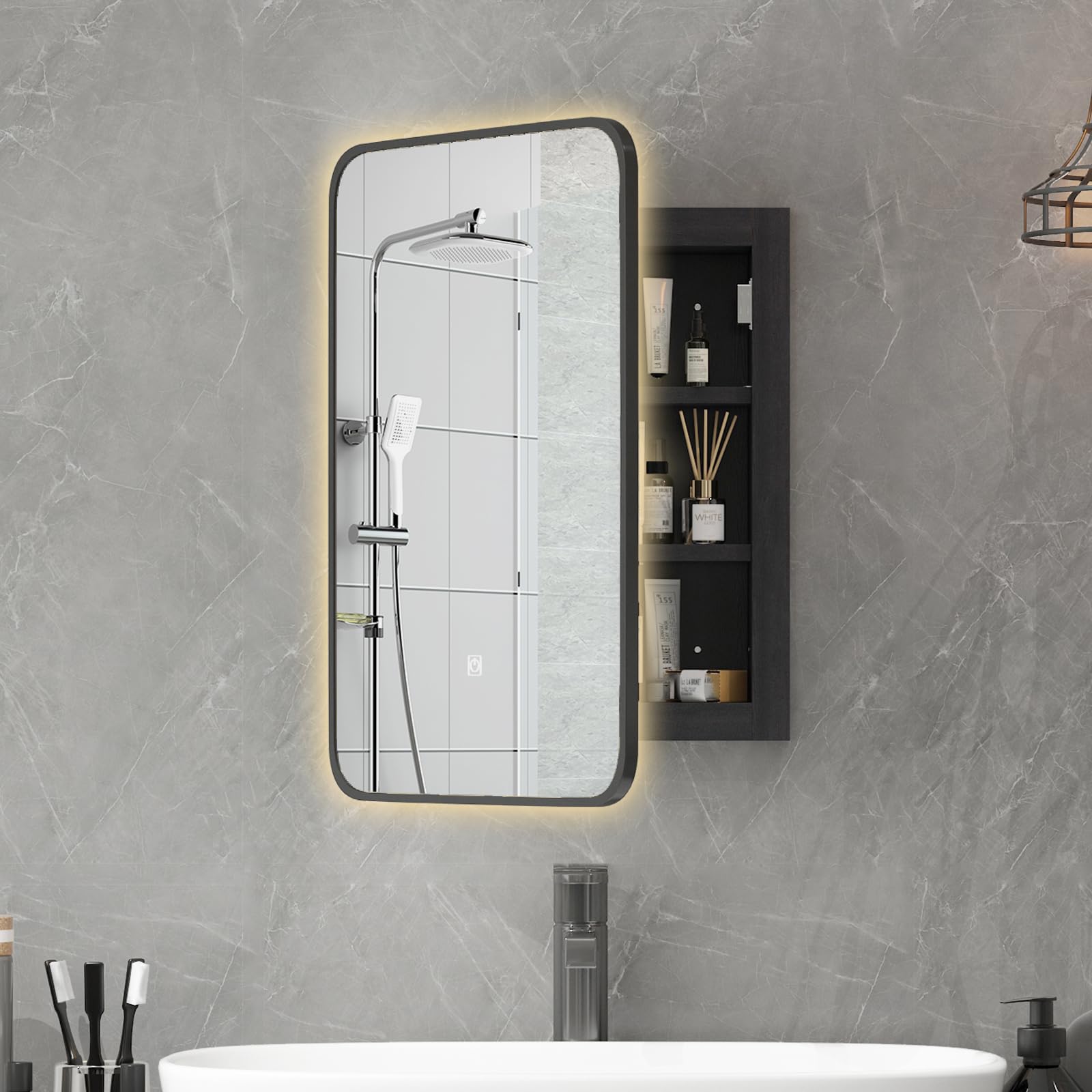 Ztexkee Spiegelschrank Bad Mit Beleuchtung & Entnebelung - 50x80cm, Gold/Beige Mit Steckdosen