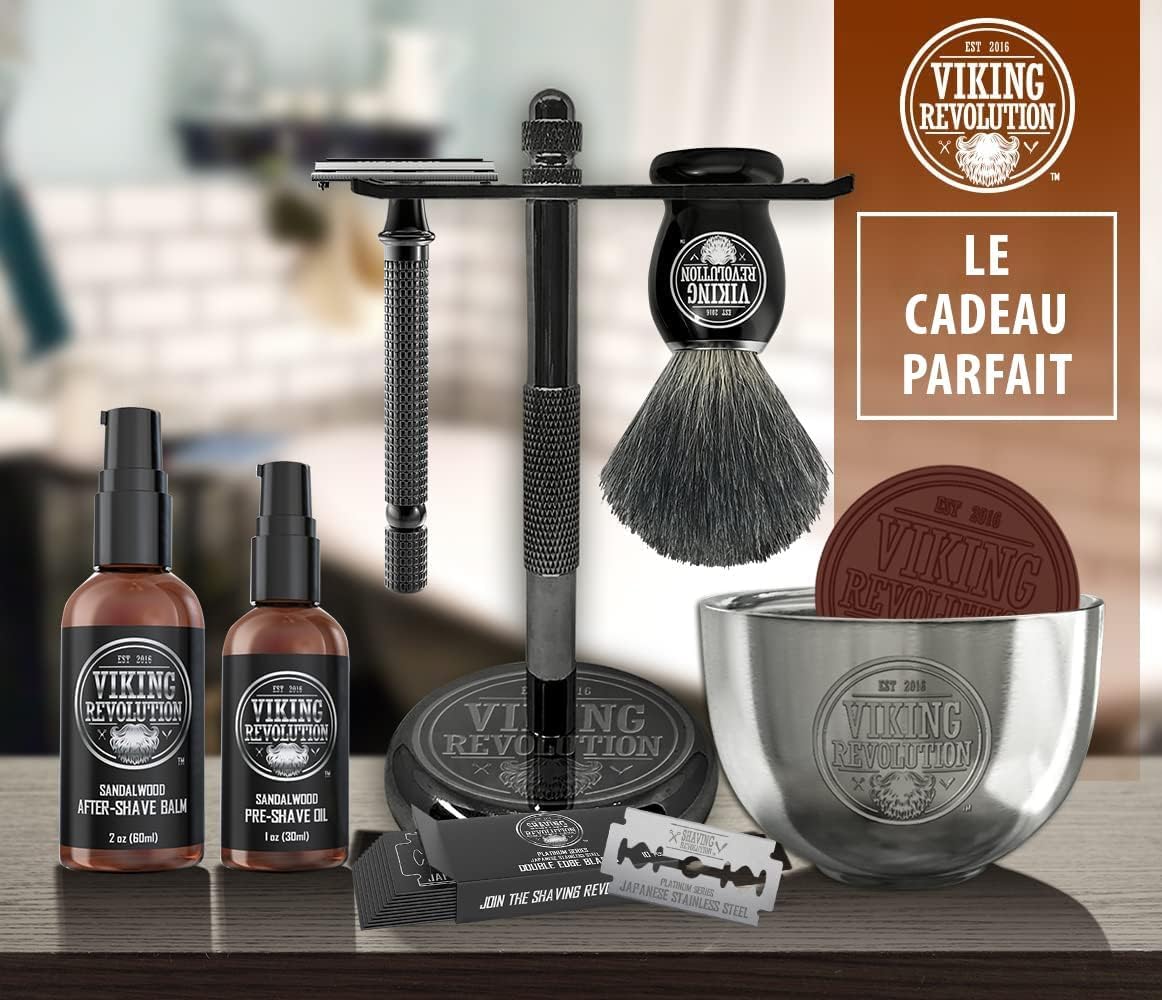 Viking Revolution Kit Rasage Homme Complet de Luxe Rasoir Sécurité Support Bol Baume Après-Rasage Huile Avant-Rasage Blaireau Cadeau Homme