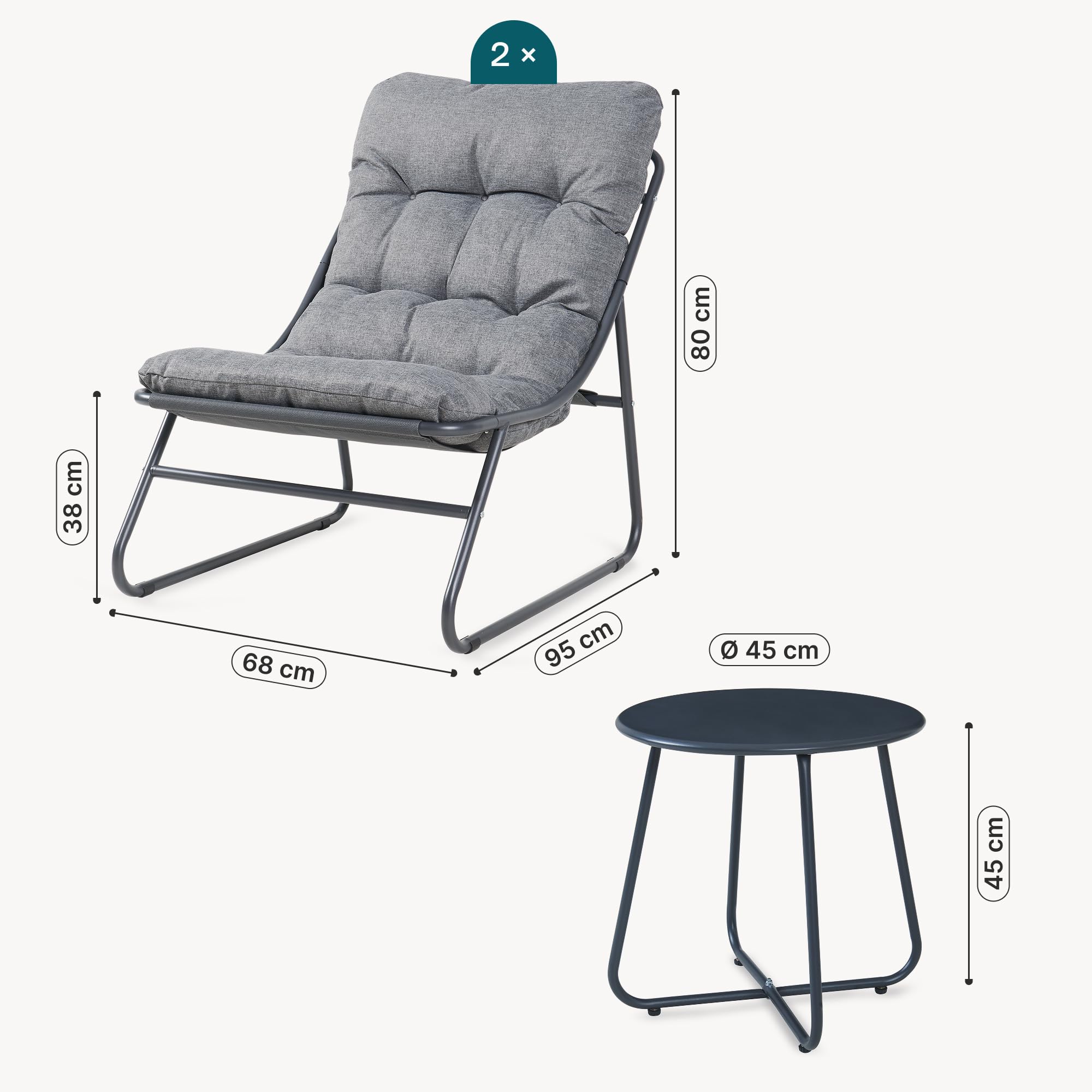 casa.pro Conjunto Mesa y Sillas Jardín Malmö Mueble Terraza con Mesa Redonda y 2 Sillones con Cojines y Respaldo Juego de Muebles de Jardín Exterior 2 Plazas Material Resistente - Gris Oscuro