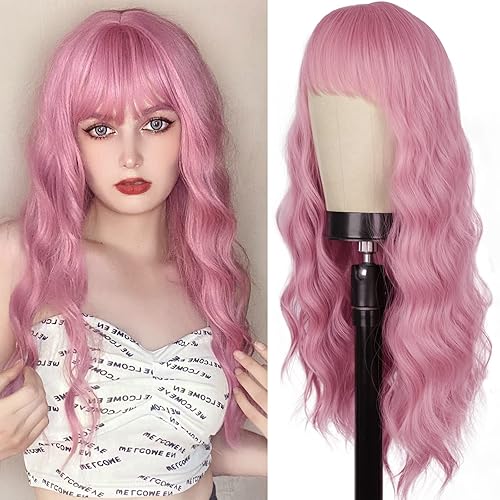 Miniatura 1 de Vigorous Pelucas rosas con flequillo, pelucas largas rosas para mujer, peluca rosa natural, 26 pulgadas, onduladas, color rosa, para Halloween
