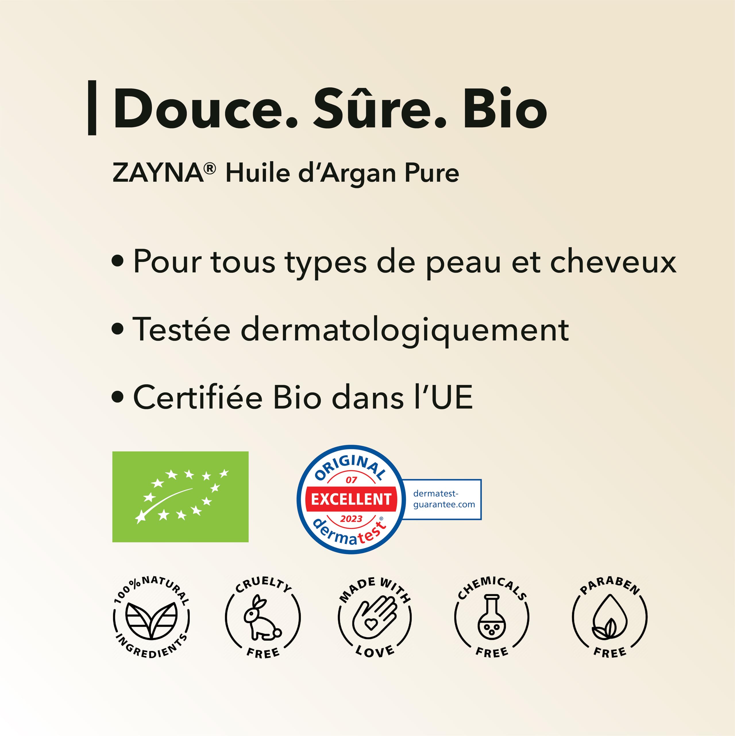 ZAYNA Huile d’Argan Pure et Bio 100 ml | pour cheveux, visage & corps | huile d’argan 100% pure pressée à froid du Maroc | testée dermatologiquement, riche en vitamine E | Conditionnée en Suisse.