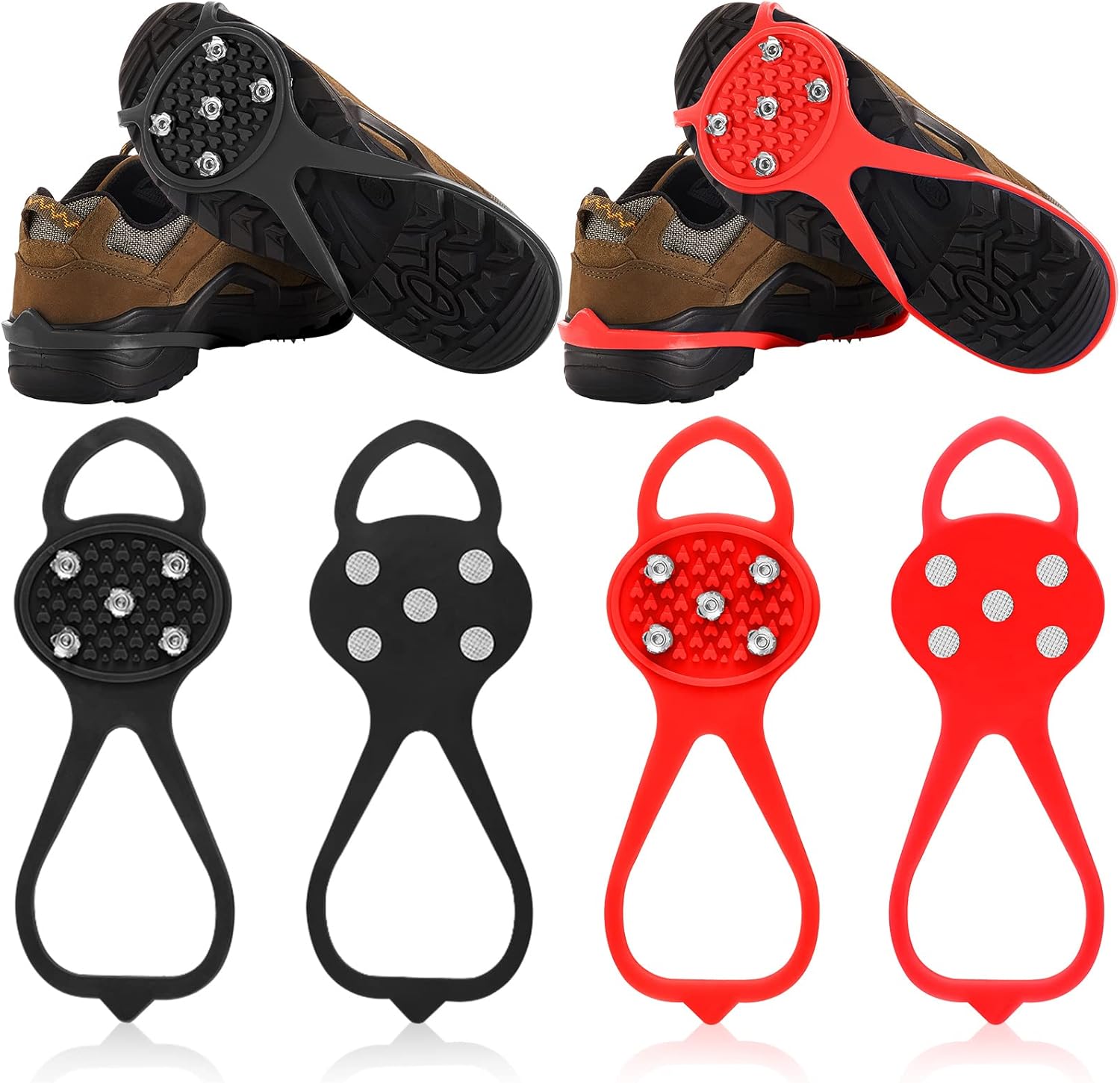 2 Pairs Non Slip Gripper Spikes Ice Cleats Snow Traction Cleats Crampons for Women Men Walking and Running on Snow and Ice (Black, Red) : Clothing, Shoes & Jewelry