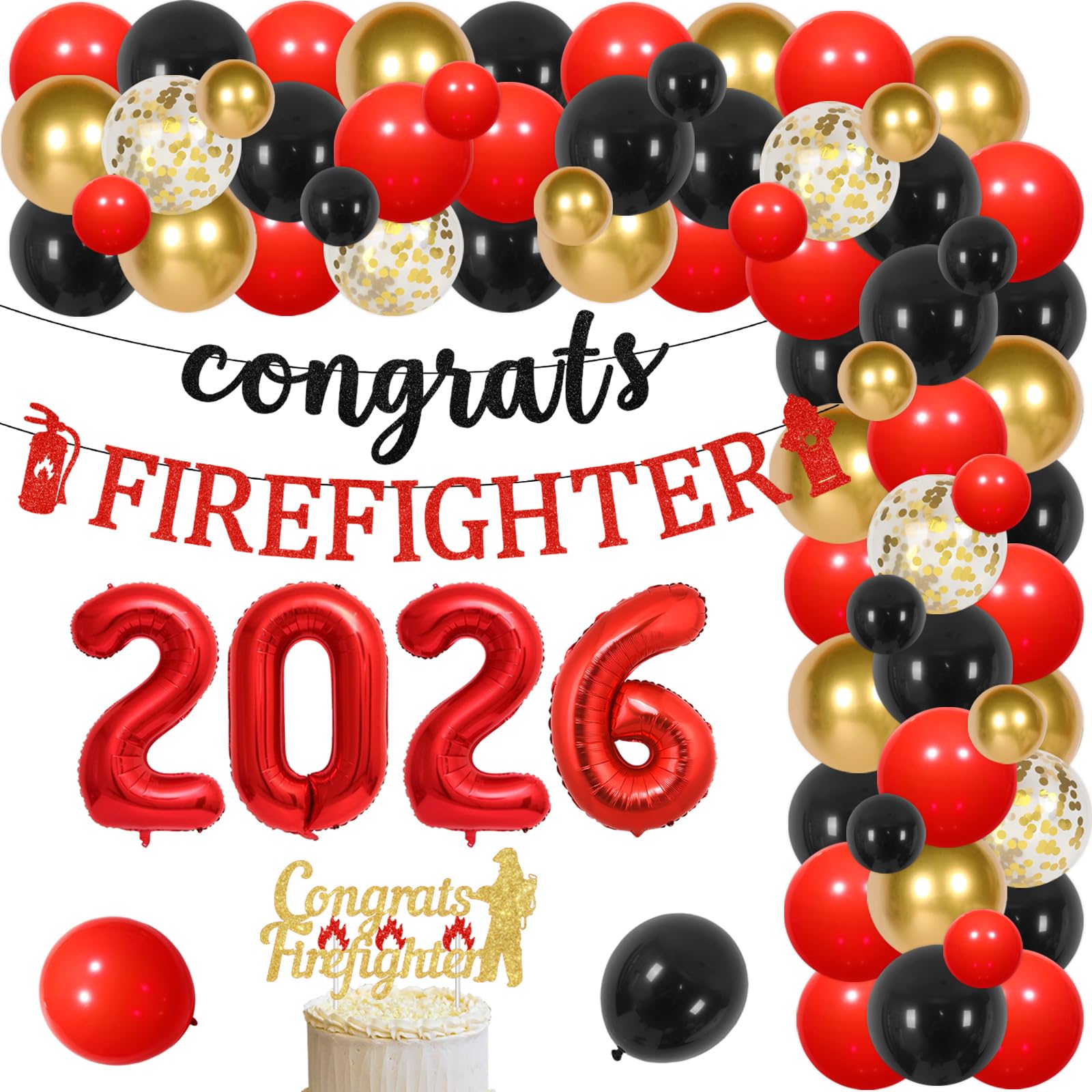 Congrats Firefighter Decorations Class of 2026 Glitter Firefighter Graduation Banner Gold Black Red Balloon Arch Kit for Fireman Graduation Gift Fire