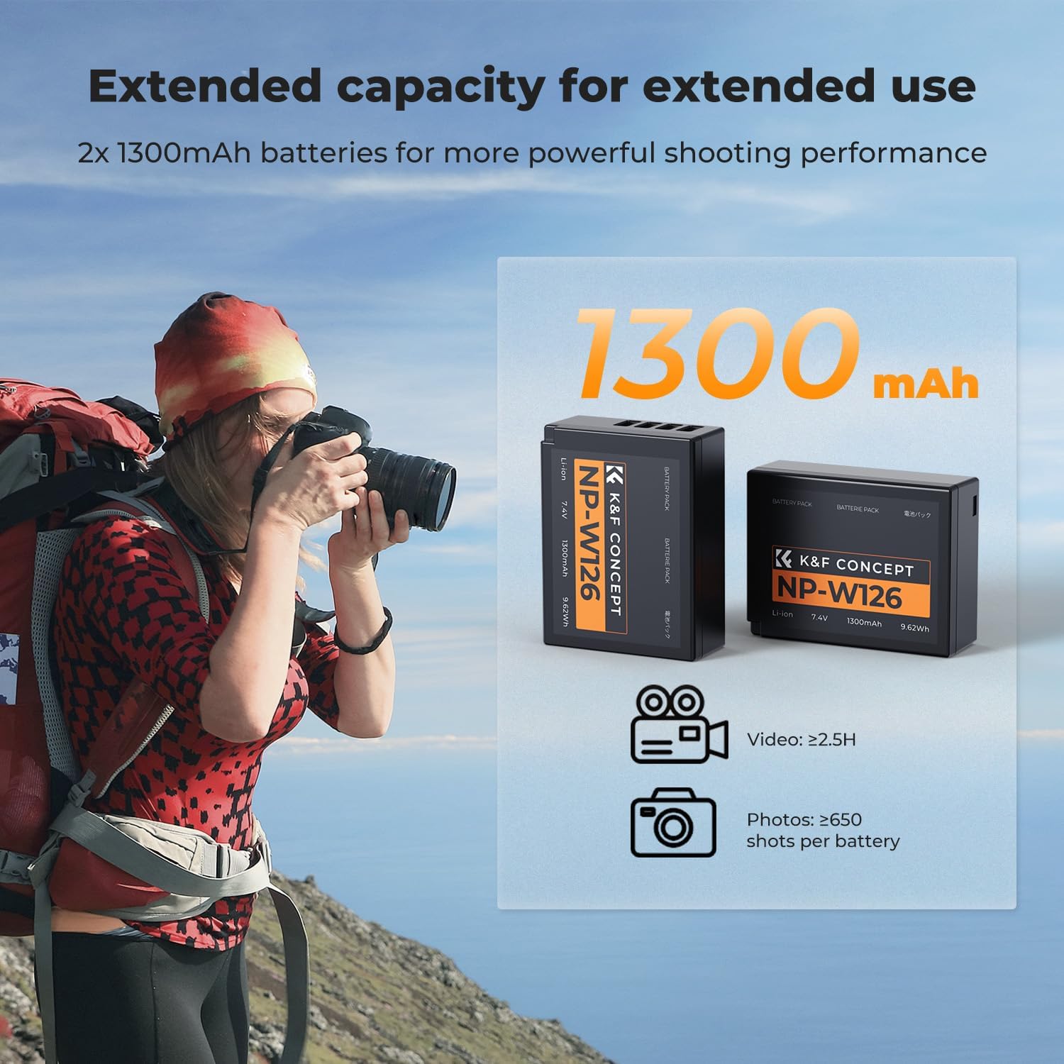 K&F Concept 1300mAh NP-W126 NP-W126S Battery and Charger for Fujifilm XM5, X100VI, X100V, XS10, XT30, XT30 II, XT20, XE4, A5, Dual-Slot Fast Charger, Type-C and Micro-USB Input, 2 Pack Battery - Image 2