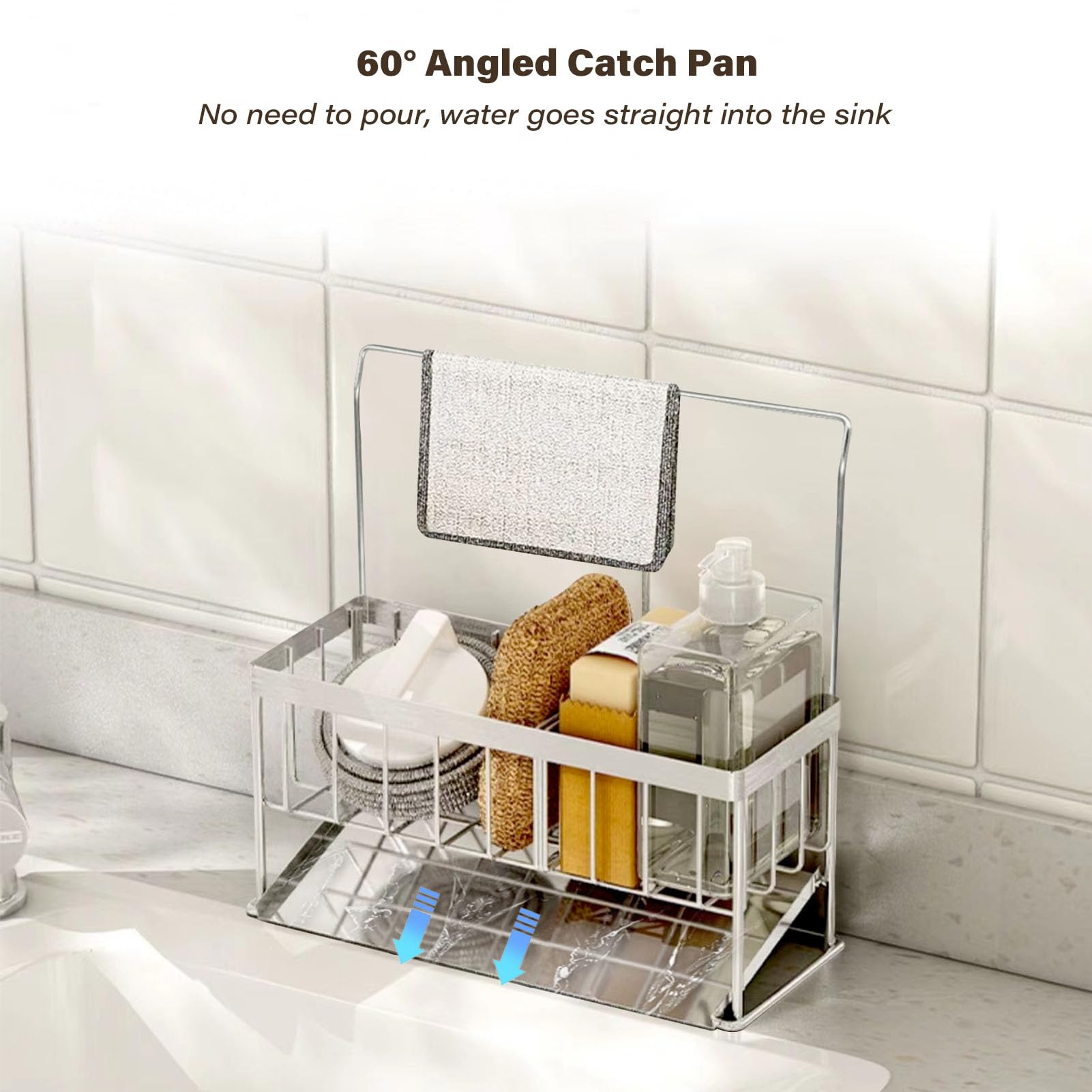 jiuzcare Sink Caddy Kitchen Sink Organiser Stainless Steel Sponge Holder with Dishcloth Hanger and Removable Drain Tray Multifunctional Kitchen Sink Tidy no Drilling - Image 3