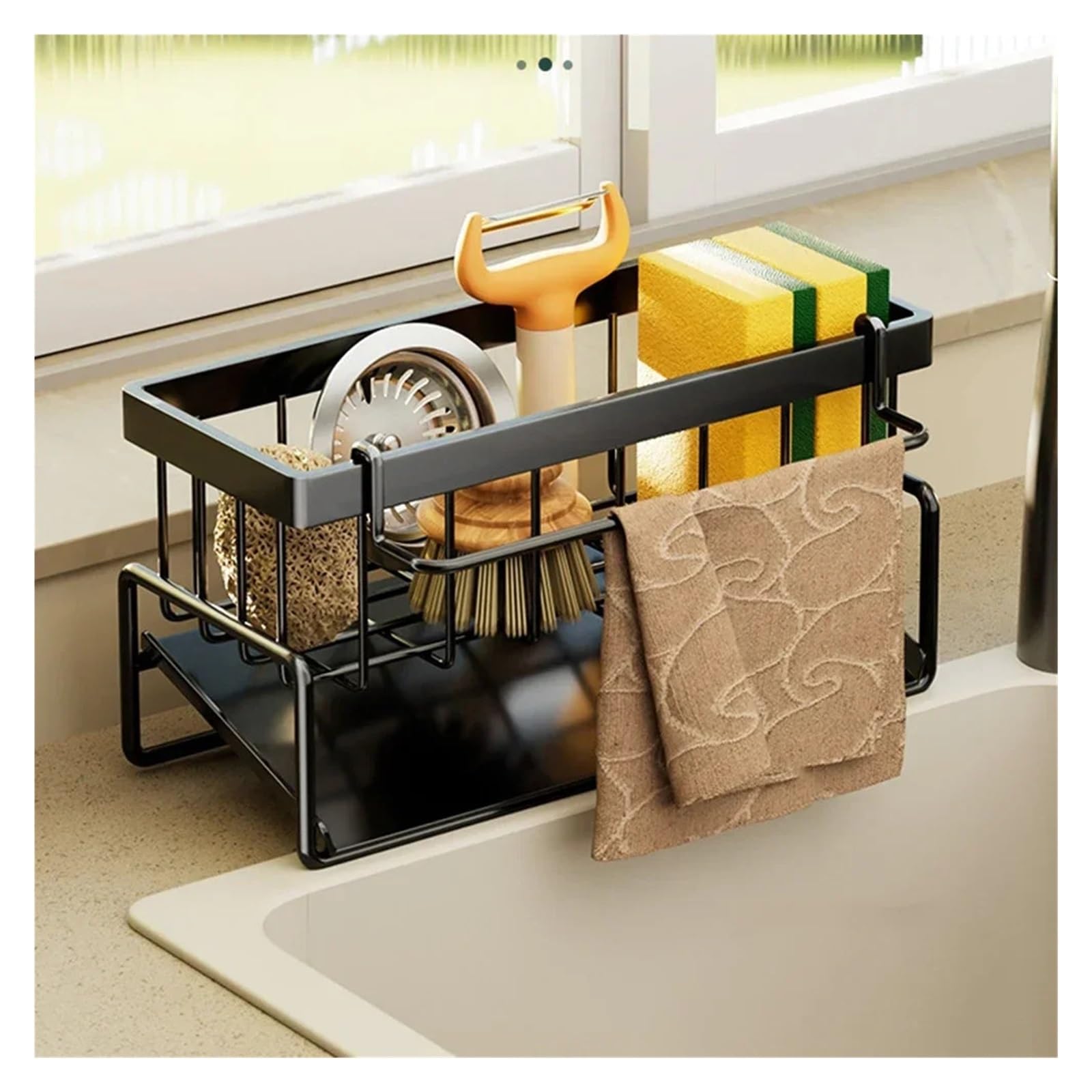 Scolapiatti nero per lavello da cucina con portaoggetti per spugna e porta rubinetto, organizer per asciugamani, scolapiatti e altro ancora