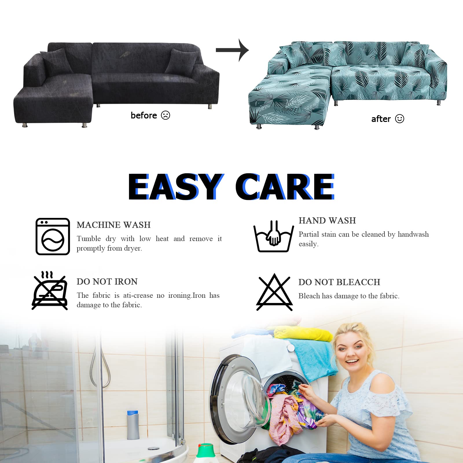 Lydevo Copridivano con Penisola Elasticizzato,Copridivano Angolare a Sinistra/Destra Universale con 2 Federi,Fodere Divano Penisola Forma di L,Chaise Longue Sofa Cover(3+3,Foglie Blu)