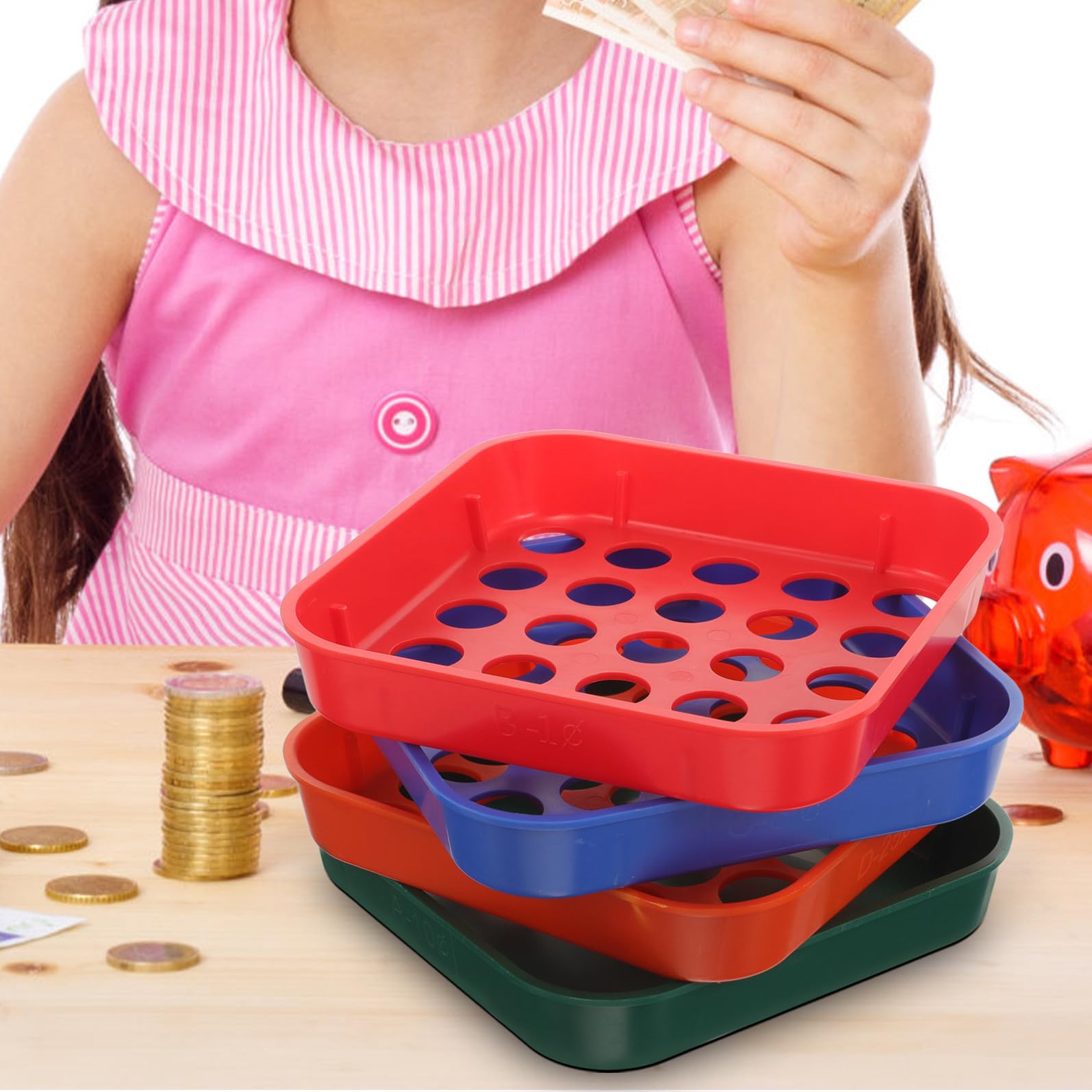 Hemobllo 4 Pezzi Vassoio per Smistamento Monete in Plastica Impilabile 4 Scomparti Colorati per Organizzare Centesimi, Nichelini, Decimi e Quarti per Uso Quotidiano