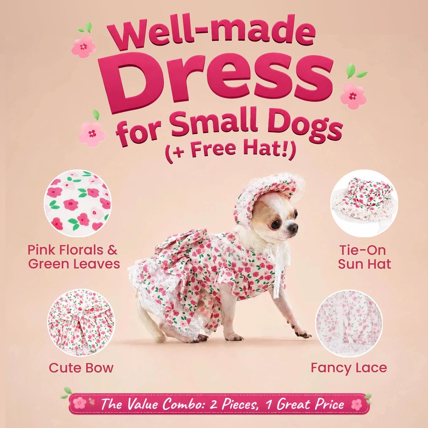Super Cute Dog & Cat Dress & Hat Set with Pink Floral, Well-Made Dog Dresses for Small Dogs Girl, Puppy & Kitten Summer Costumes Clothes for Chihuahua, Dachshund, Pet Outfit for Birthday & Wedding, S