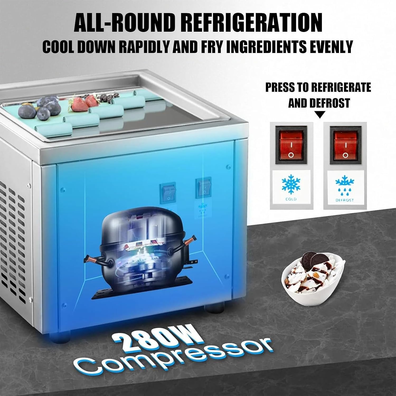 Máquina Comercial Para Helado Enrollado, Máquina Para Helado Enrollado Frito, Placa Única, Acero Inoxidable, Automática, Refrigeración Eficiente, Bajo Nivel De Ruido, Controles Fáciles De Usar