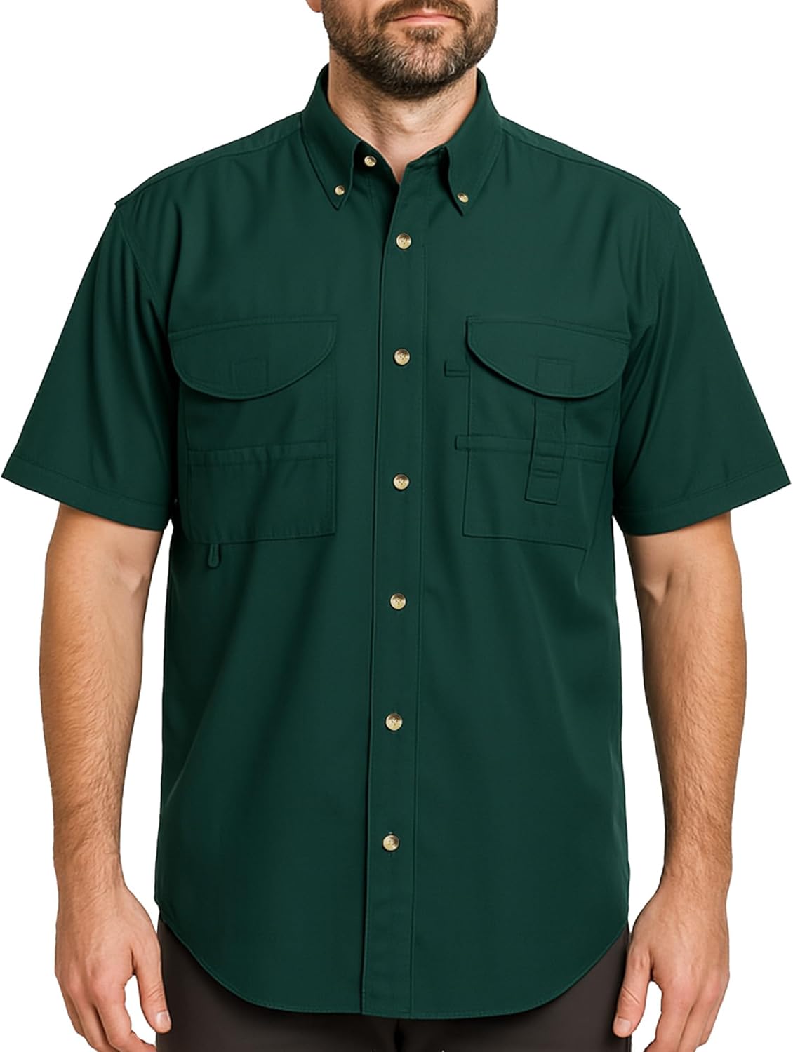 Men's Short Sleeve Fishing Button Down Shirt, Breathable Outdoors Casual Lightweight Shirt, Forest Green Large