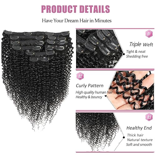 Miniatura 4 de YAMI Extensiones de cabello humano rizado afro 3C 4A con clip, para mujeres negras, 100% Remy, con clip, triple trama, 4.23 oz (negro natural, 18