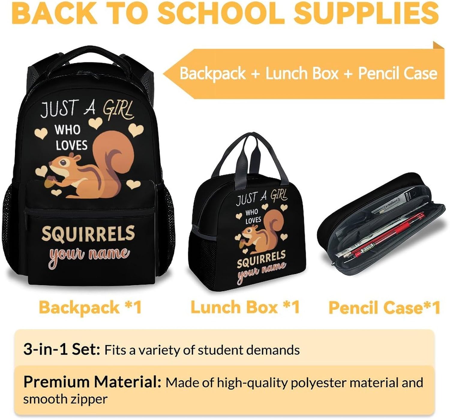 Custom Squirrel Backpack with Lunch Box, Set of 3 School Backpacks Matching Combo for Girls Boys, Cute Black Bookbag and Pencil Case Bundle