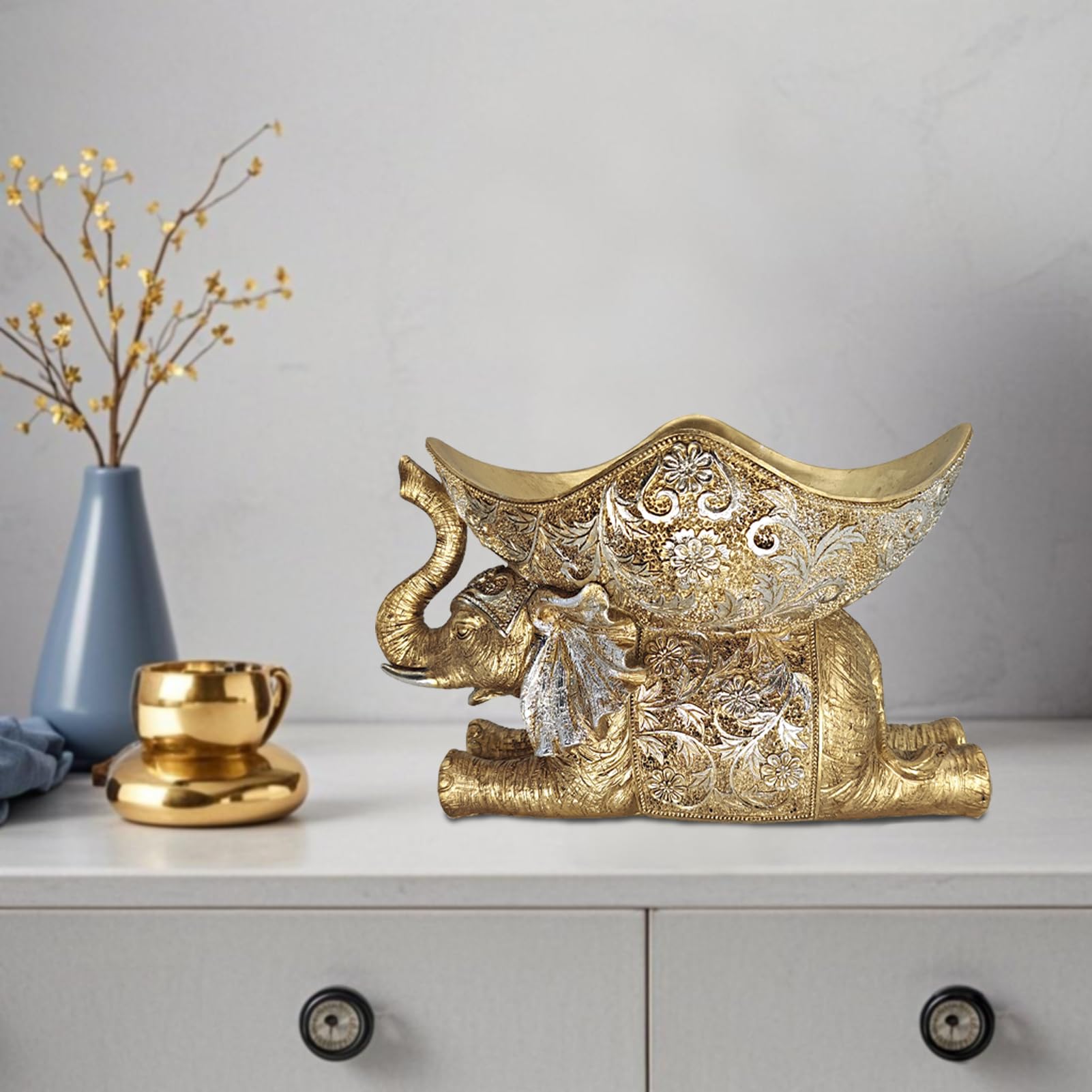 Estatua de elefante con bandeja de almacenamiento, escultura de figura dorada, decoración del hogar inspirada en África para sala de estar, oficina, estantería o escritorio, para amantes del