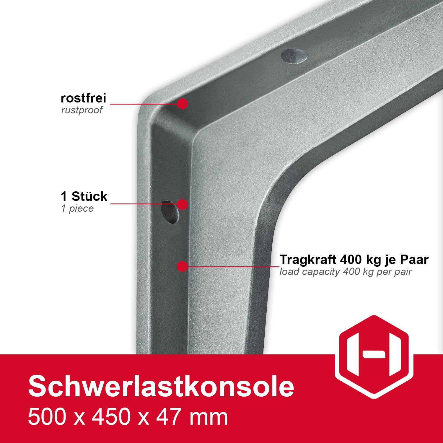 Schwerlastkonsole Aluminium Silber matt | SPARTA | 2 Stück Schwerlastwinkel für die Wandmontage | Winkelkonsole schwerlast: 500 x 450 x 47 mm | Tragkraft: 400 kg | Regalwinkel Silber