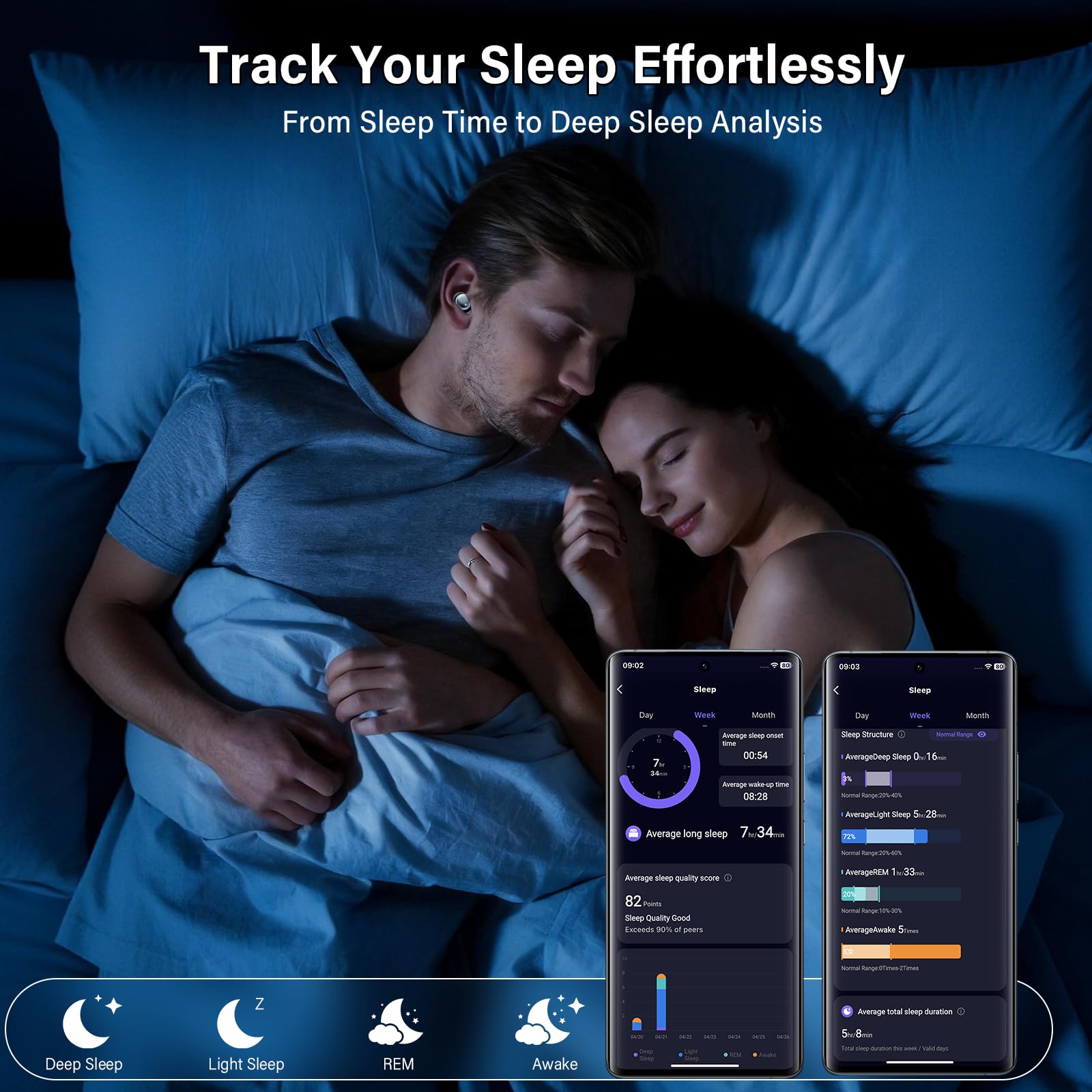 Ecouteurs Bluetooth sans Fil, Écouteurs Sommeil pour Dormir sur le Côté Avec Suivi du Sommeil, Sleep Earbuds Bluetooth 5.4 Mini Écouteurs Sans Fil pour Dormir Alarme personnelle Casques 48H(Noir jais)