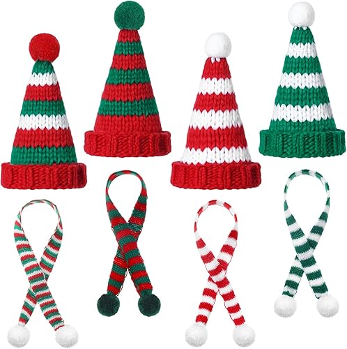 Vista 7 de Geyoga 8 piezas de mini sombreros y bufandas de Papá Noel, accesorios de Navidad, sombrero de gnomo pequeño para manualidades, bricolaje para Blanco