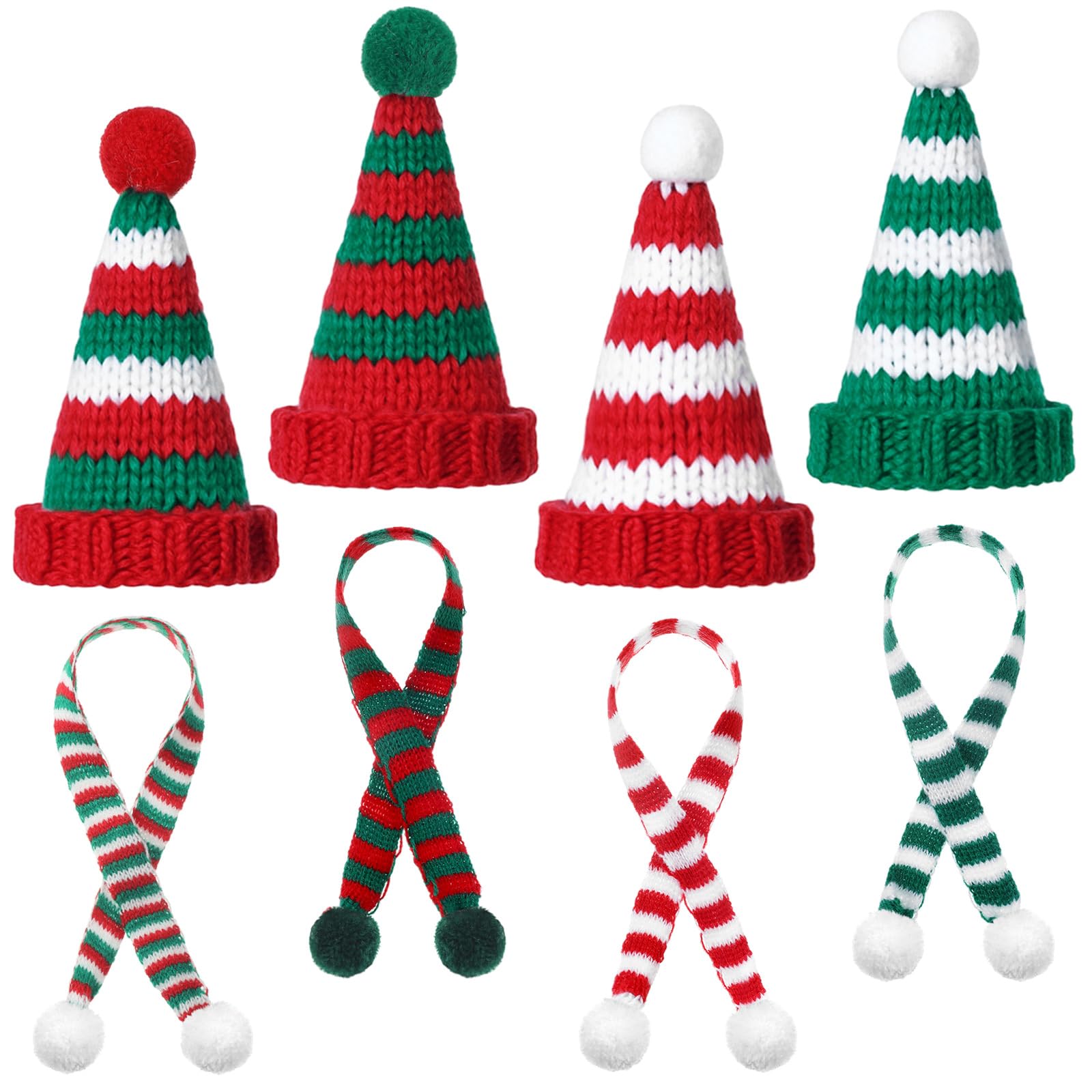 Geyoga 8 Pcs Mini Santa Hats and Scarves Decor Doll Christmas Accessories Small Gnome Hat for Craft DIY for Wine Bottle Gifts(Red, Green,Color Stripe)