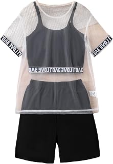 Girls' 3 Piece Letter Taped Sheer Contrast Mesh Top Round Neck Short Sleeve Cami Top & Biker Shorts