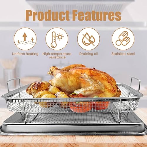 Miniatura 3 de Cesta grande para freidora de aire con bandeja para horno de 11.8 x 8.7 pulgadas, juego de cesta y bandeja de freidora de aire de acero inoxidable