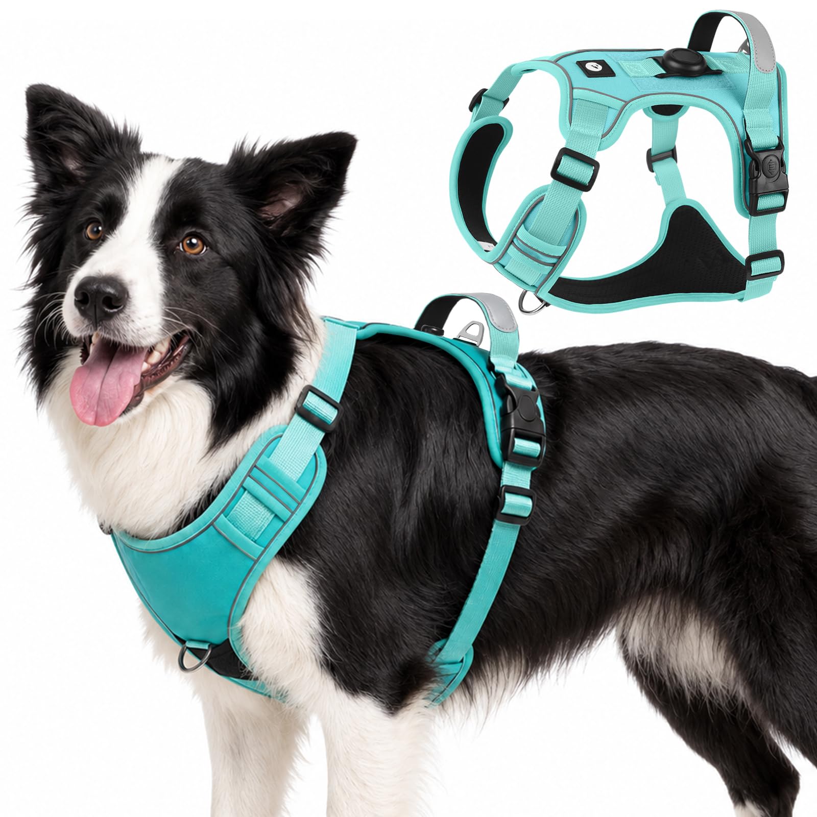 Olcyren No Pull Dog Harness with AirTag Holder, Adjustable Anti Pull Padded Dog Harness with Front Clip, Reflective No-Choke Pet Vest Harness with Handle for Small Medium Large Dogs (Turquoise, L)
