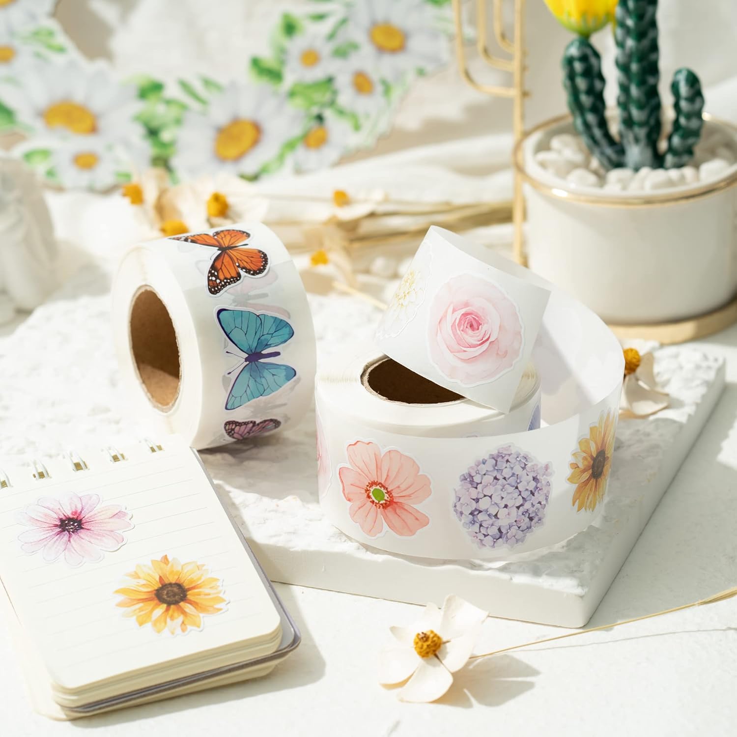 W1cwey 1000pcs Assorted Butterfly Flower Sticker Rolls(2 Rolls), 3.8*2.