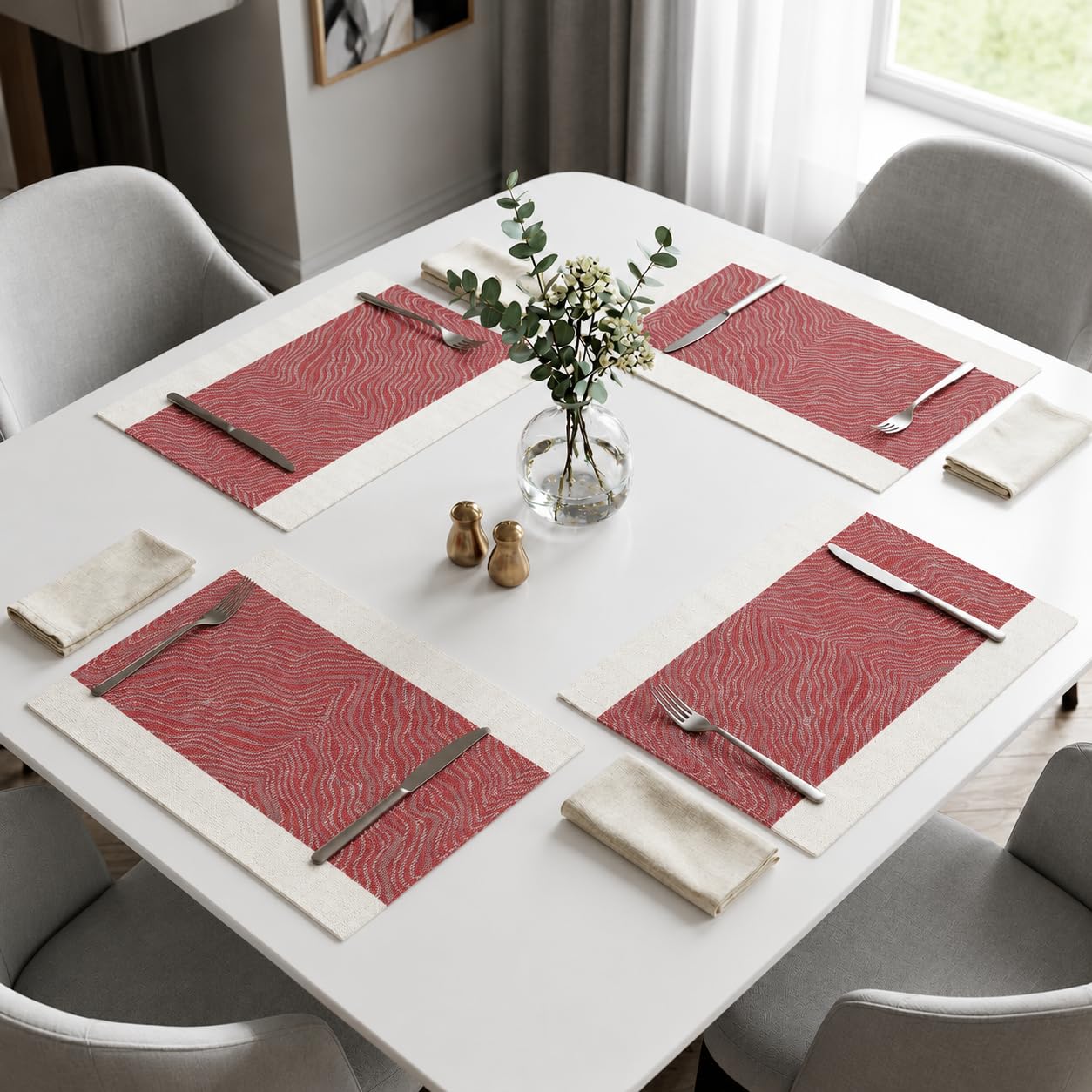 daiDokoro Rectangular Crossweave Woven PVC Vinyl Non-Slip Insulation Heat-Resistant & Waterproof Stain Resistant Washable Placemat for Dining & Kitchen Table-(Berry Red, Set of 4)