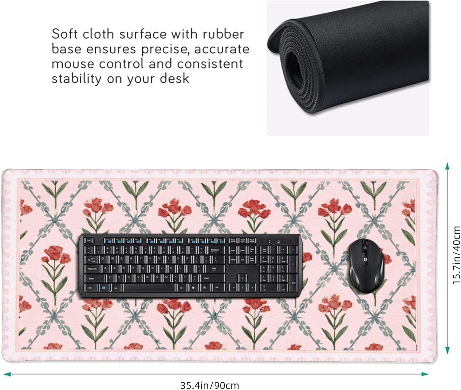 Pink Floral XXL Desk Mat - Extra Large Anti-Slip Mouse Pad with Stitched Edges for Women, Office & Home, Computer Keyboard Mat for Desk, Cute Aesthetic Office Supplies & Decor for Women