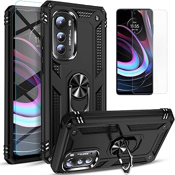STARSHOP Compatible with Motorola Edge 2022 Case, with [Tempered Glass Screen Protector Included] Military Grade 12 ft Shockproof Ring Kickstand Drop Protection Phone Cover - Black