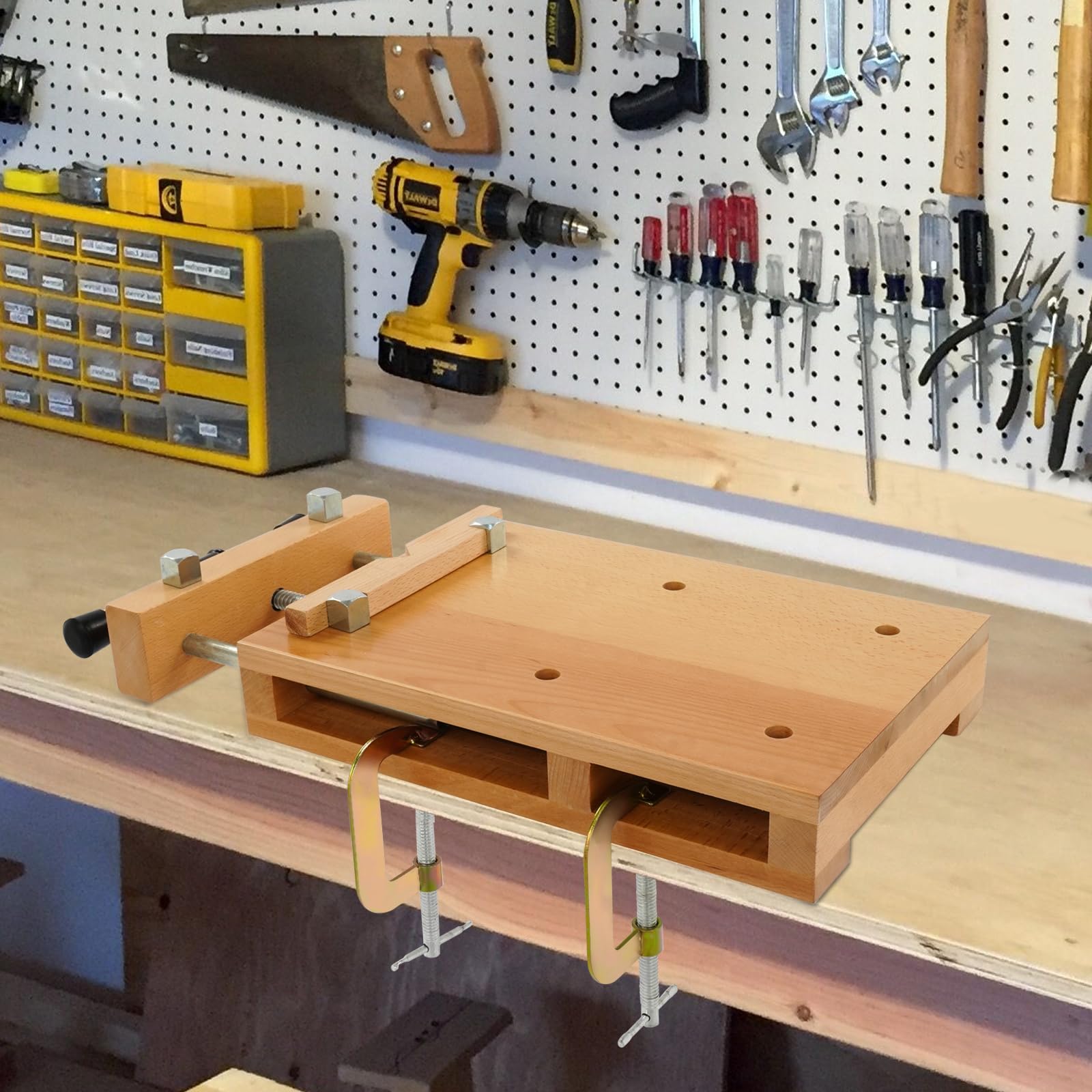 Banco di pialla in legno, 53 x 28 x 7 cm, banco da lavoro con morsa, clip a G regolabili 0-9 cm, apertura 0-14 cm, tavolo da lavoro portatile in legno di faggio per morsetti, pialla