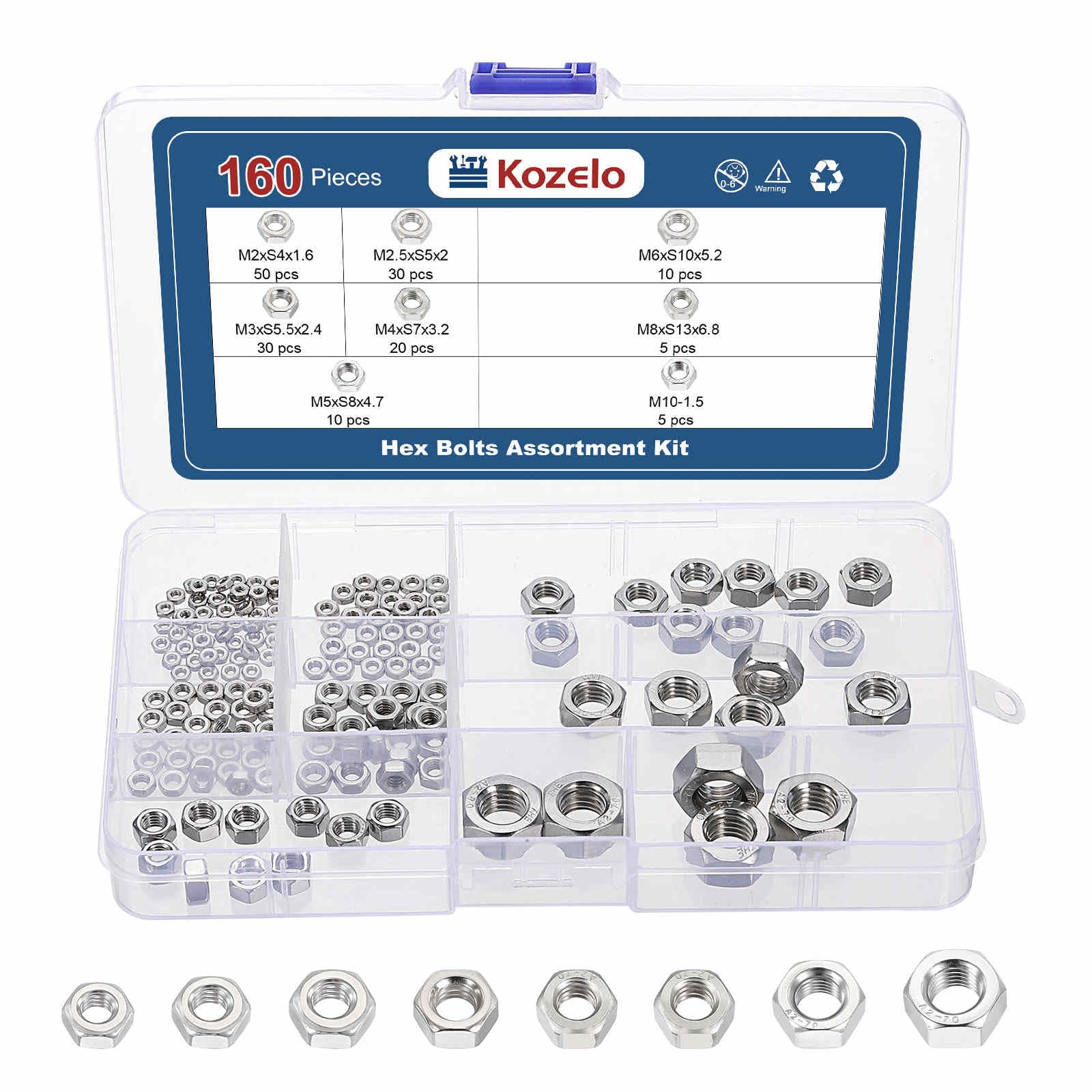 Kozelo 160pcs Hex Nuts Assortment Kit - [M2 M2.5 M3 M4 M5 M6 M8 M10] 304 Stainless Steel 18-8 (A2-70) Hardware Nuts Set for Mechanical Repair & Assembly, Silver