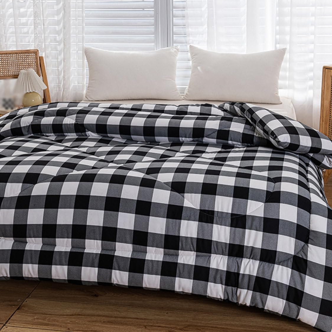 春夏用 掛け布団 洗える チェック柄 清潔 キルト ブランケット 1点セット キッズ 羽毛布団 (ブラックシングル 150 x 20