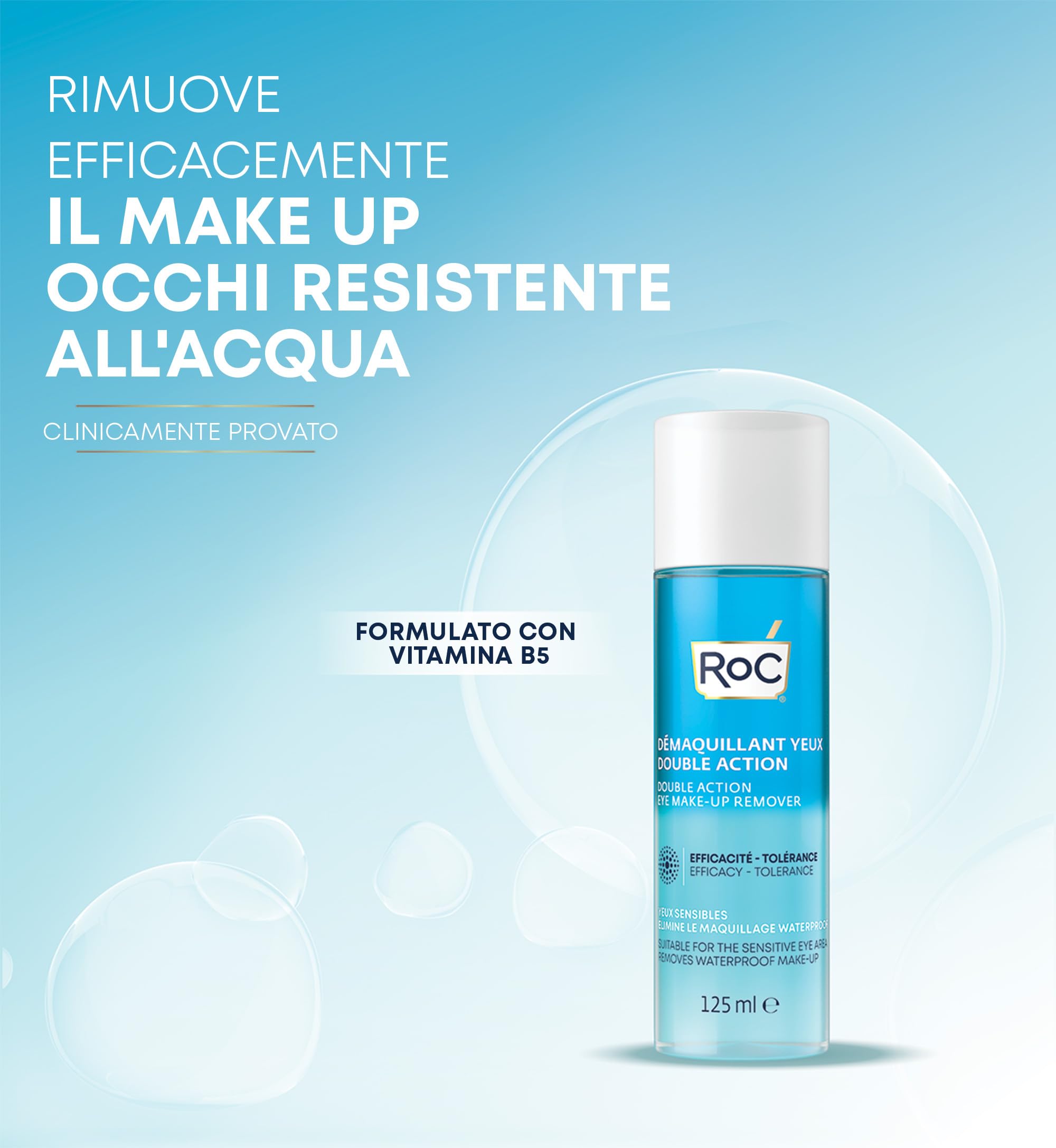 RoC - Struccante Occhi a Doppia Azione - Combinazione di Acqua e Olio - Rimuove il Trucco Waterproof - Minimizza i Rischi di Allergia - 125 ml