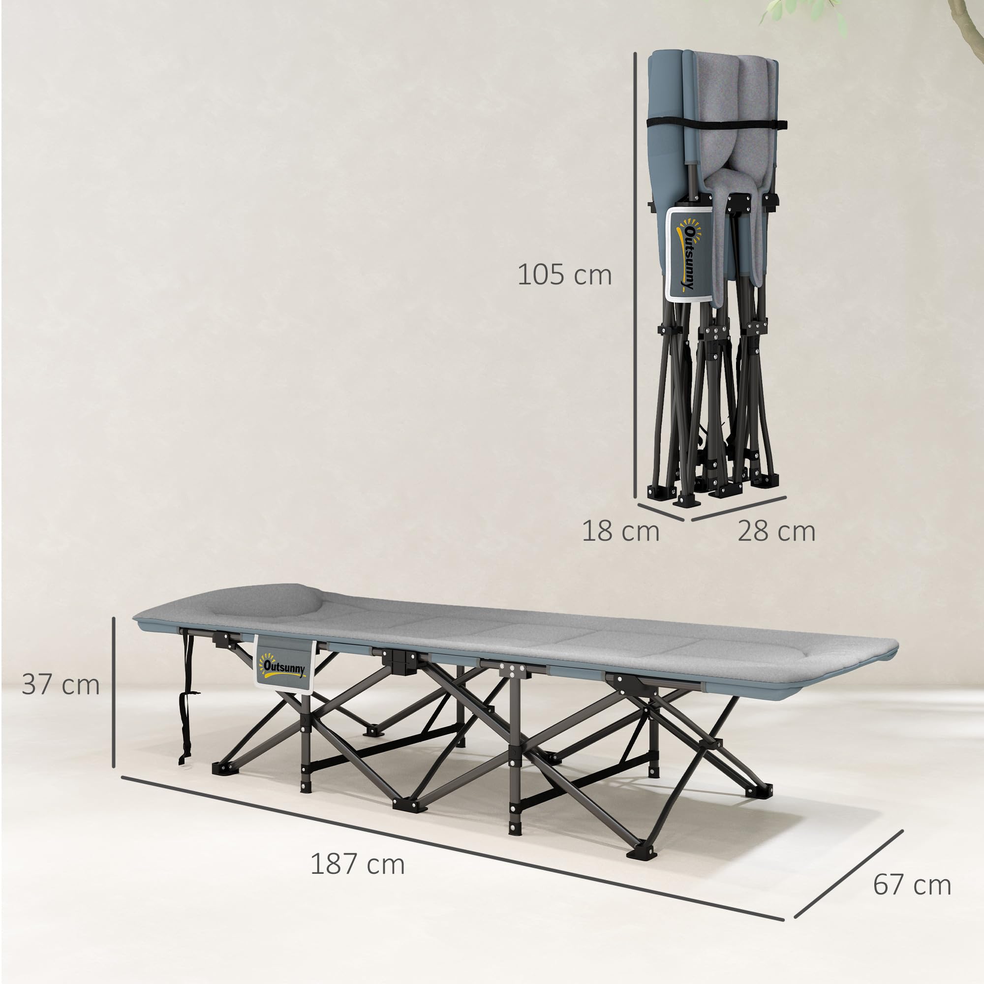 Outsunny Lettino da Campeggio Pieghevole con Cuscino Integrato e Tasca Laterale, Brandina da Campeggio in Metallo e Poliestere, Resistente a 150 kg, 187x67x37 cm, Grigio