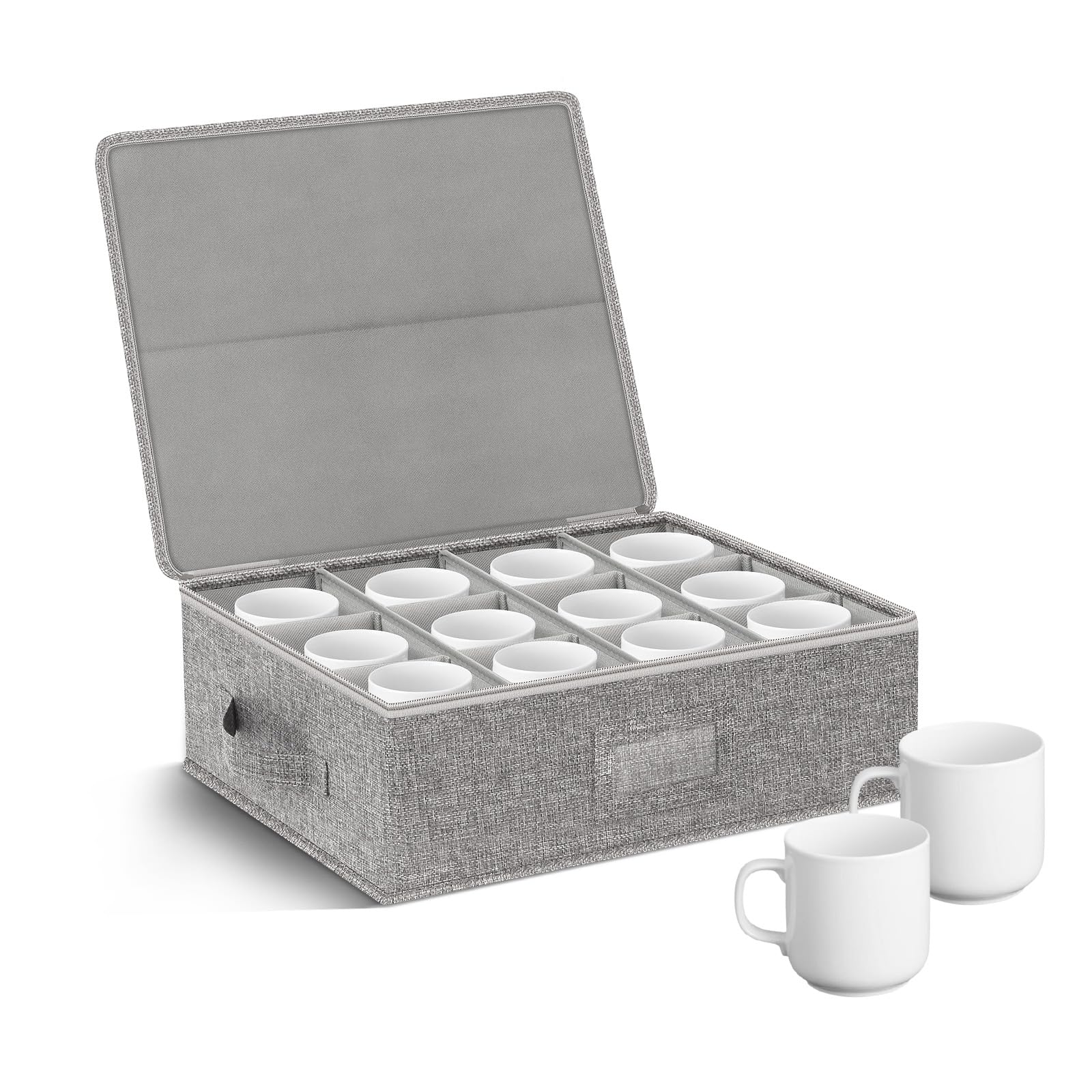 Kukikan Grey Cup And Coffee Mug Storage Box With Dividers, Hard Shell China Storage Containers Holds 12 Coffee Mugs And Tea Cups, Stackable Mug Organiser With Sturdy Lid And Handles For Moving And Packing