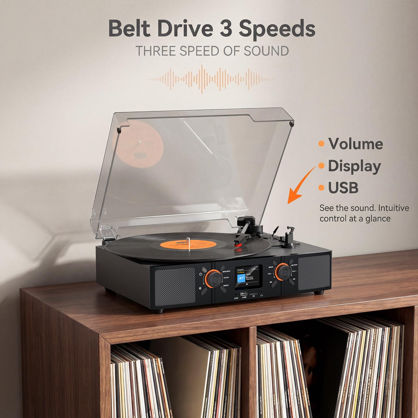 Giradischi in vinile con altoparlanti integrati, giradischi Bluetooth con trasmissione a cinghia a 3 velocità con display LCD, riproduzione USB, orologio, RCA, AUX e jack per cuffie, grigio