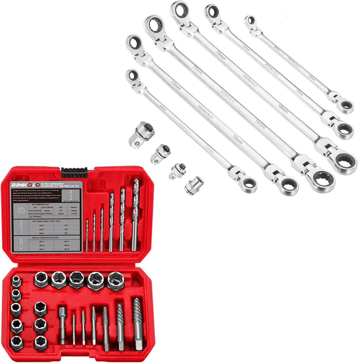 6-Piece Extra Long Flex-Head Ratcheting Wrench Set & 26-Piece Screw Extractors and Drill Bit Set