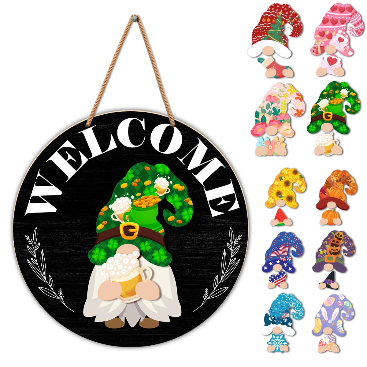 Interchangeable Gnome Welcome Sign St.Patrick's Day Porch Decor, Changeable Wooden Gnomes Front Door Decoration Wreath Hanger for Spring Summer Fall Winter All Seasons Holiday, Vintage Black